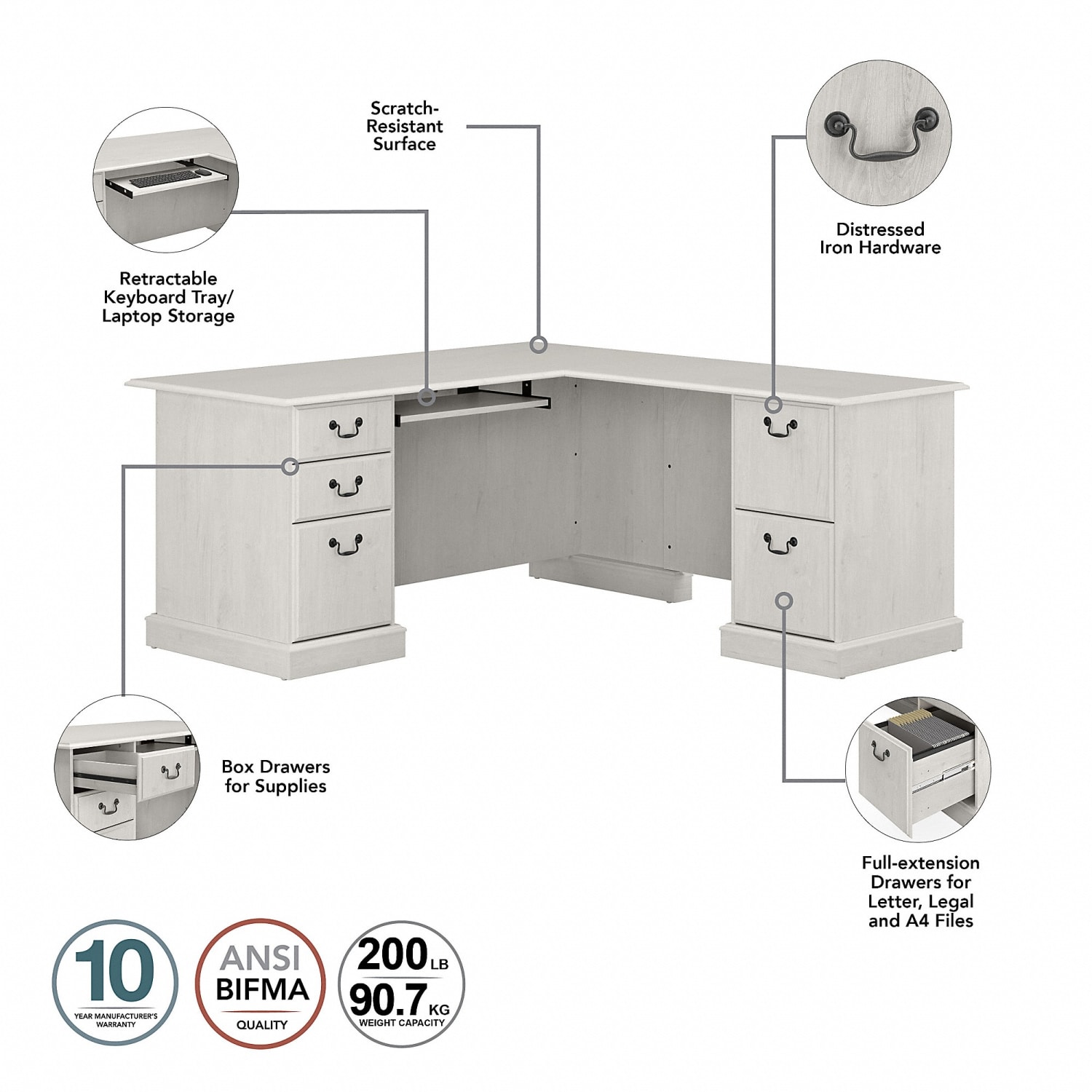 Bush Business Furniture Saratoga 66inW L-Shaped Corner Desk With Drawers, Linen White Oak, Standard Delivery - Image 4