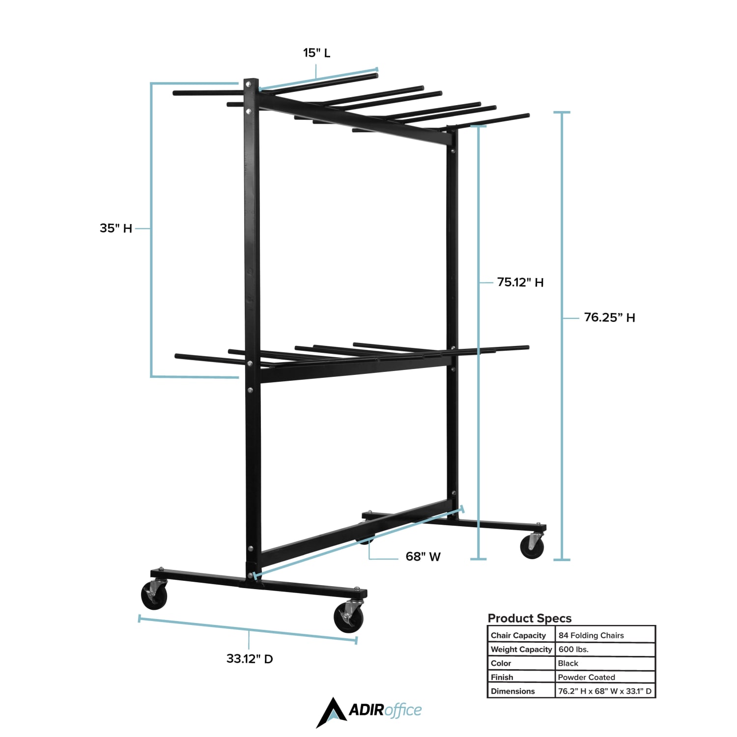 Alpine AdirOffice 1,000 Lb 2-Tier Steel Folding Chair Cart, 76-1/8inH x 67-3/4inW x 33-1/8inD, Black - Image 5