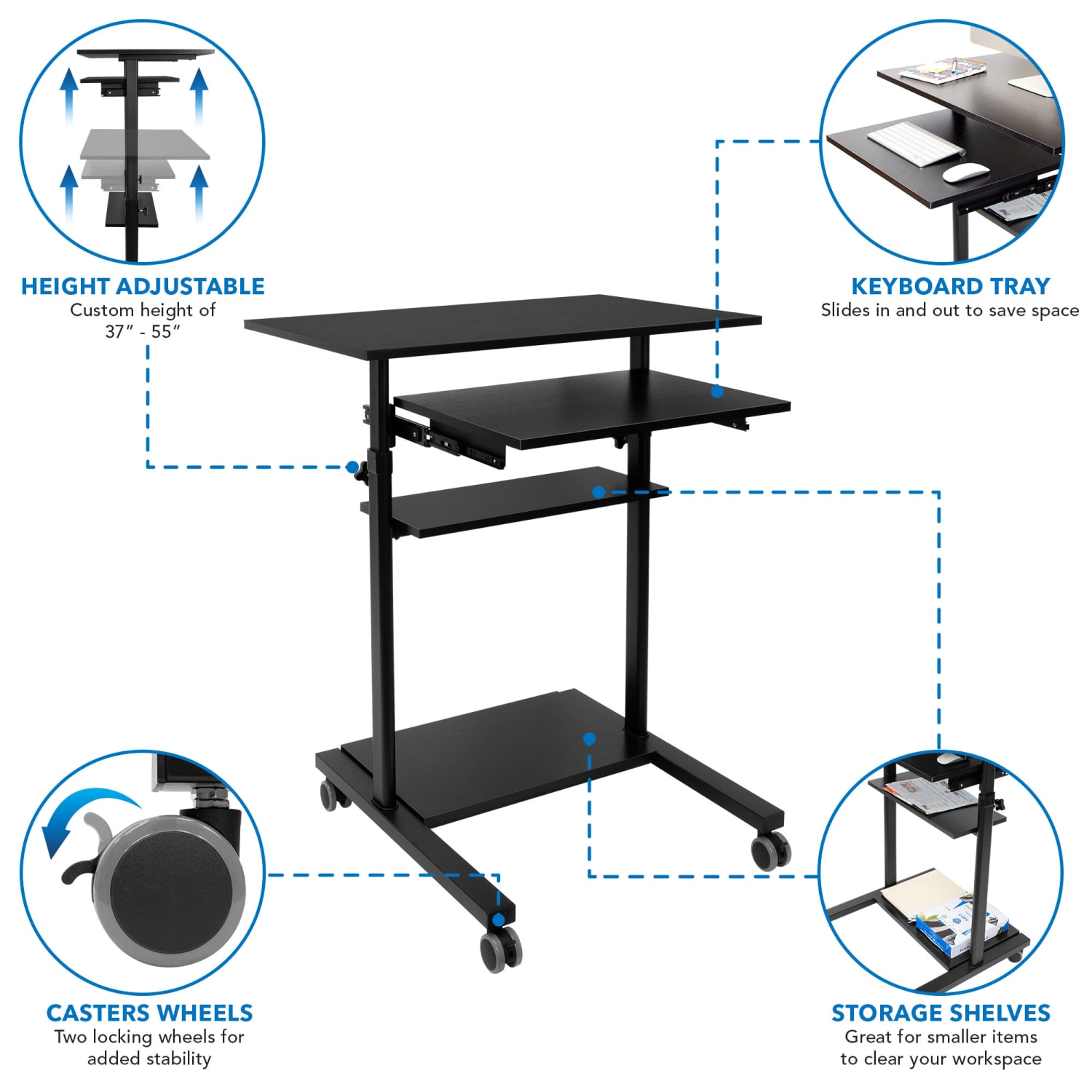 Mount-It! Mobile Standing Desk Workstation With Retractable Keyboard, 55inH x 32inW x 25-3/4inD, Black - Image 5