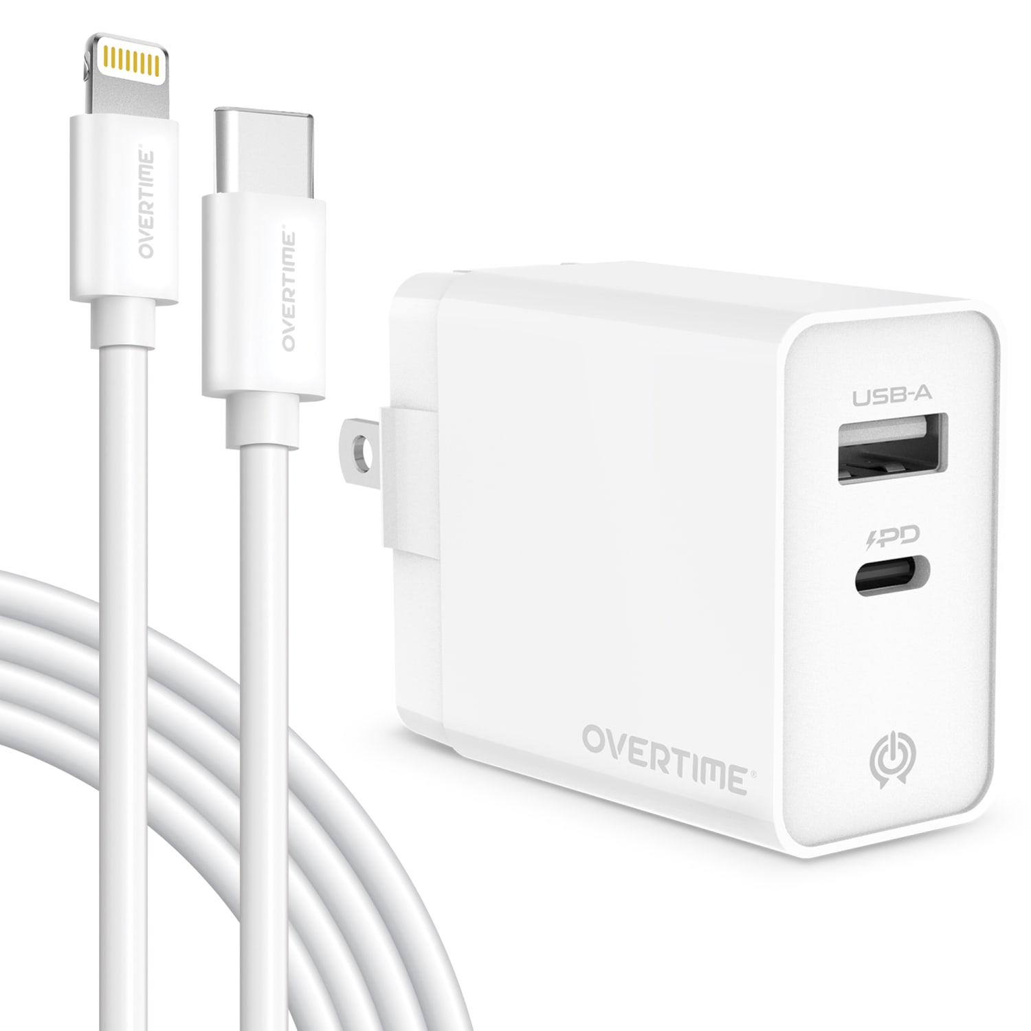 Overtime Dual-Port Wall Charger And 6ft Apple MFi Lightning Cable, White