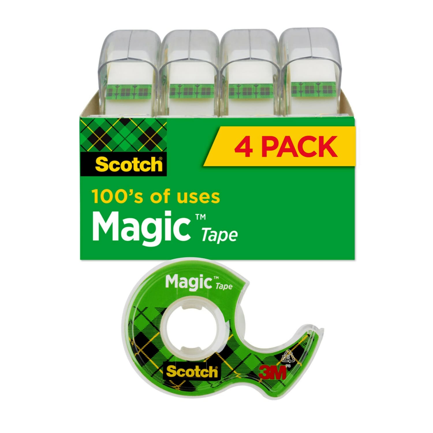 Scotch Magic Tape with Dispenser, Invisible, 3/4 in. x 300 in., 4 Tape Rolls, Back to School Supplies and College Essentials for Students