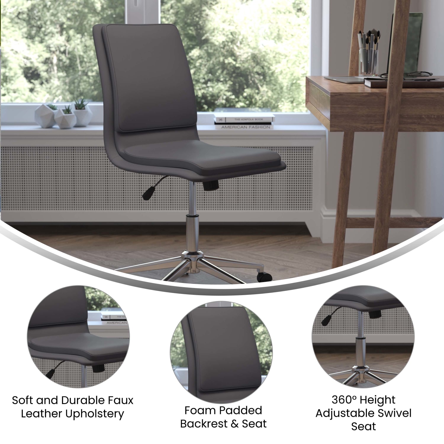 Flash Furniture Madigan Faux Leather Mid-Back Armless Swivel Task Office Chair, Gray - Image 5
