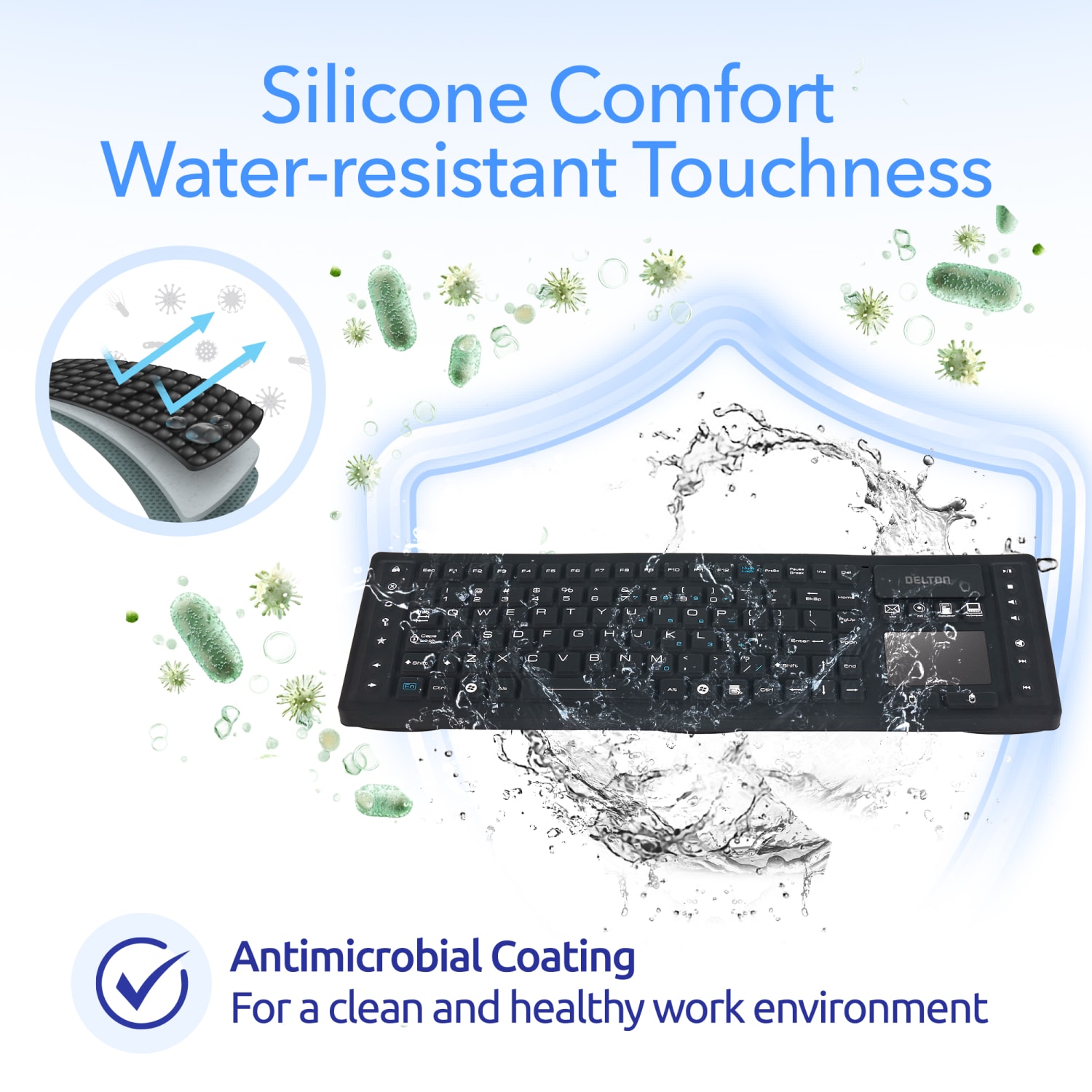 Delton M90 Medical Grade Airtight Waterproof Wireless Backlit Computer Keyboard With Touchpad, Black - Image 4