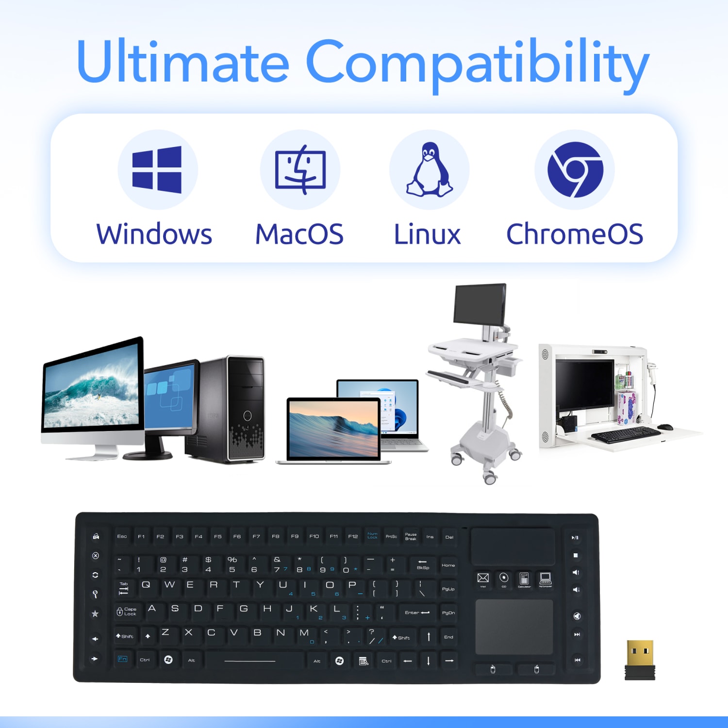 Delton M90 Medical Grade Airtight Waterproof Wireless Backlit Computer Keyboard With Touchpad, Black - Image 5