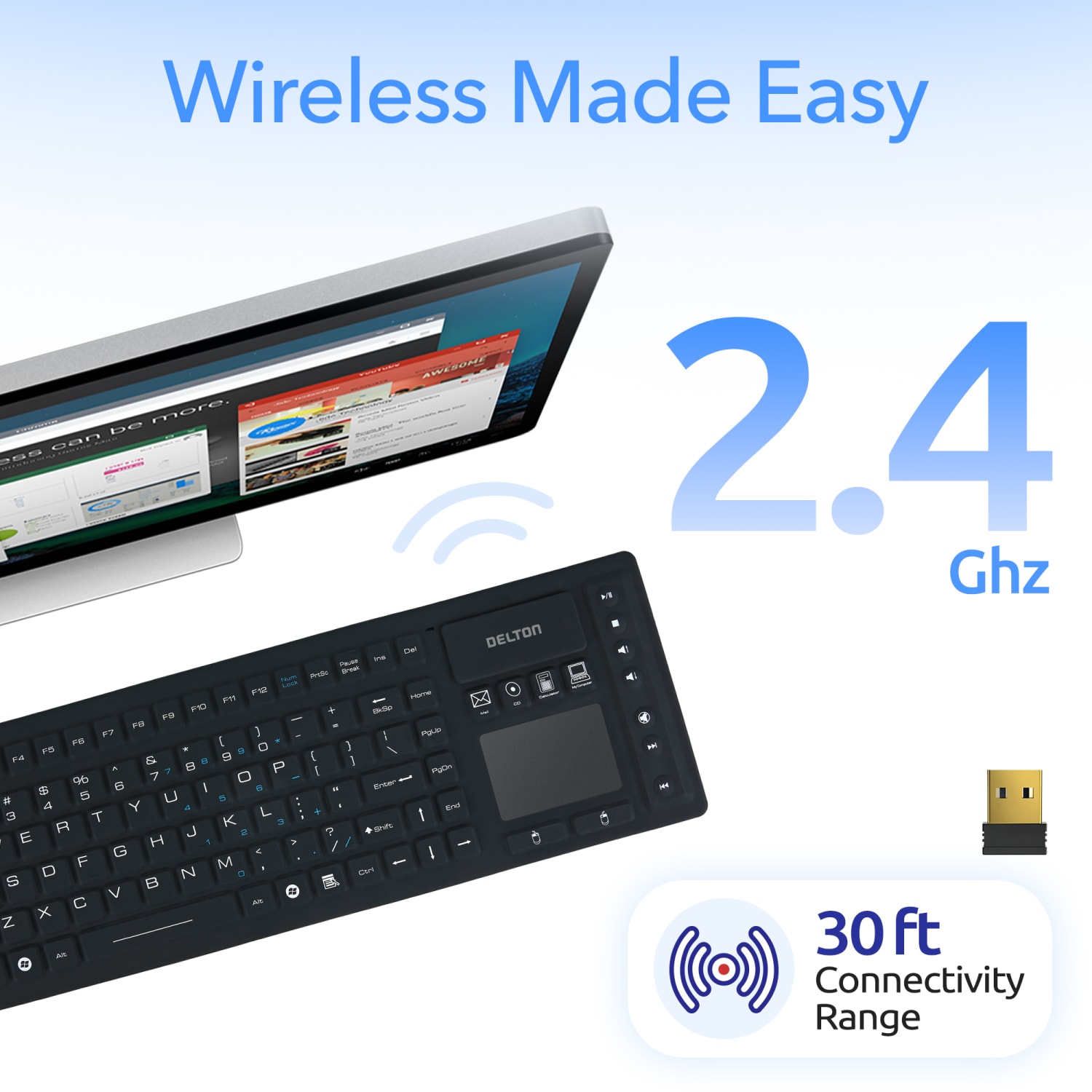 Delton M90 Medical Grade Airtight Waterproof Wireless Backlit Computer Keyboard With Touchpad, Black - Image 6