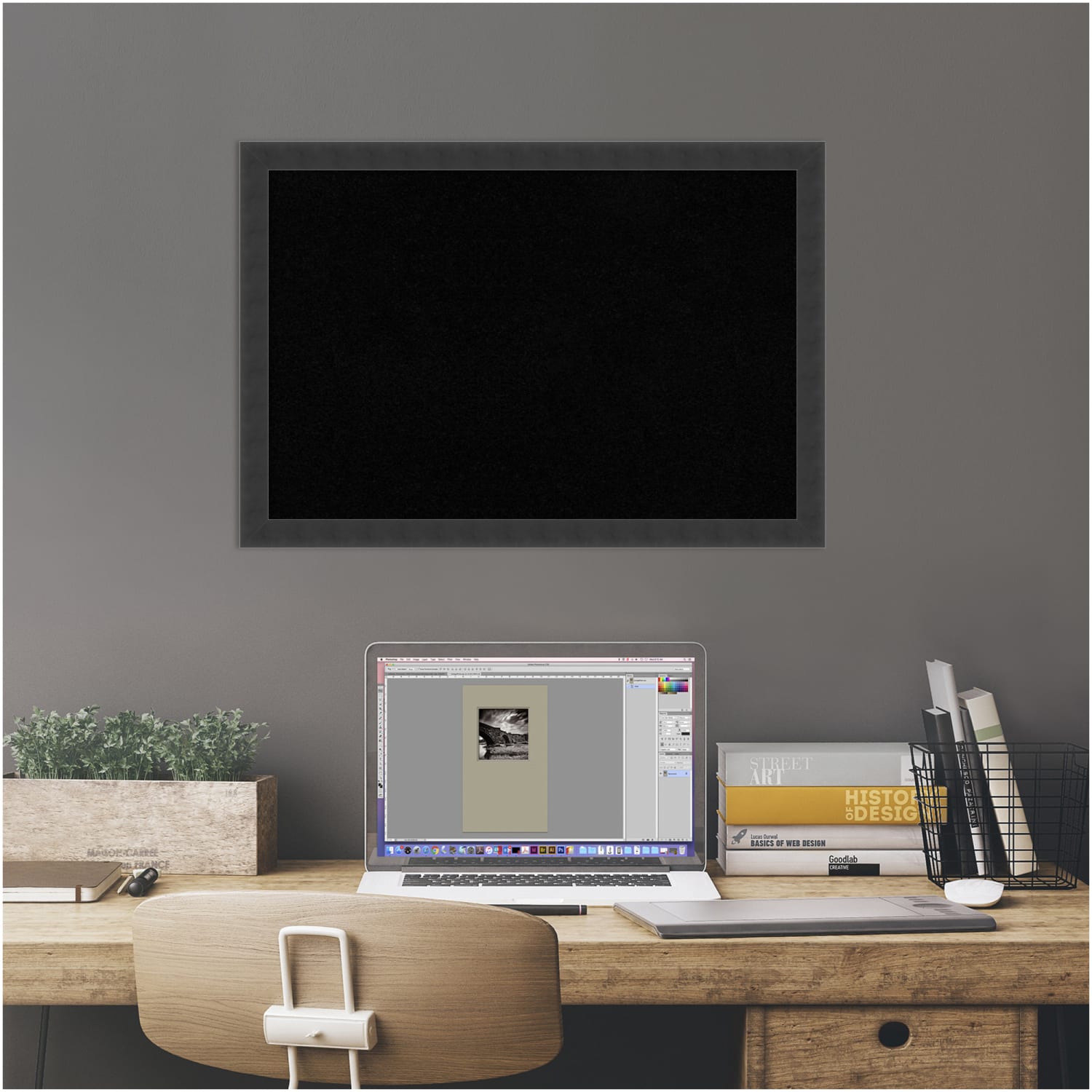 Amanti Art Mezzanotte Non-Magnetic Cork Bulletin Board, 26in x 18in, Black Wood Frame - Image 6