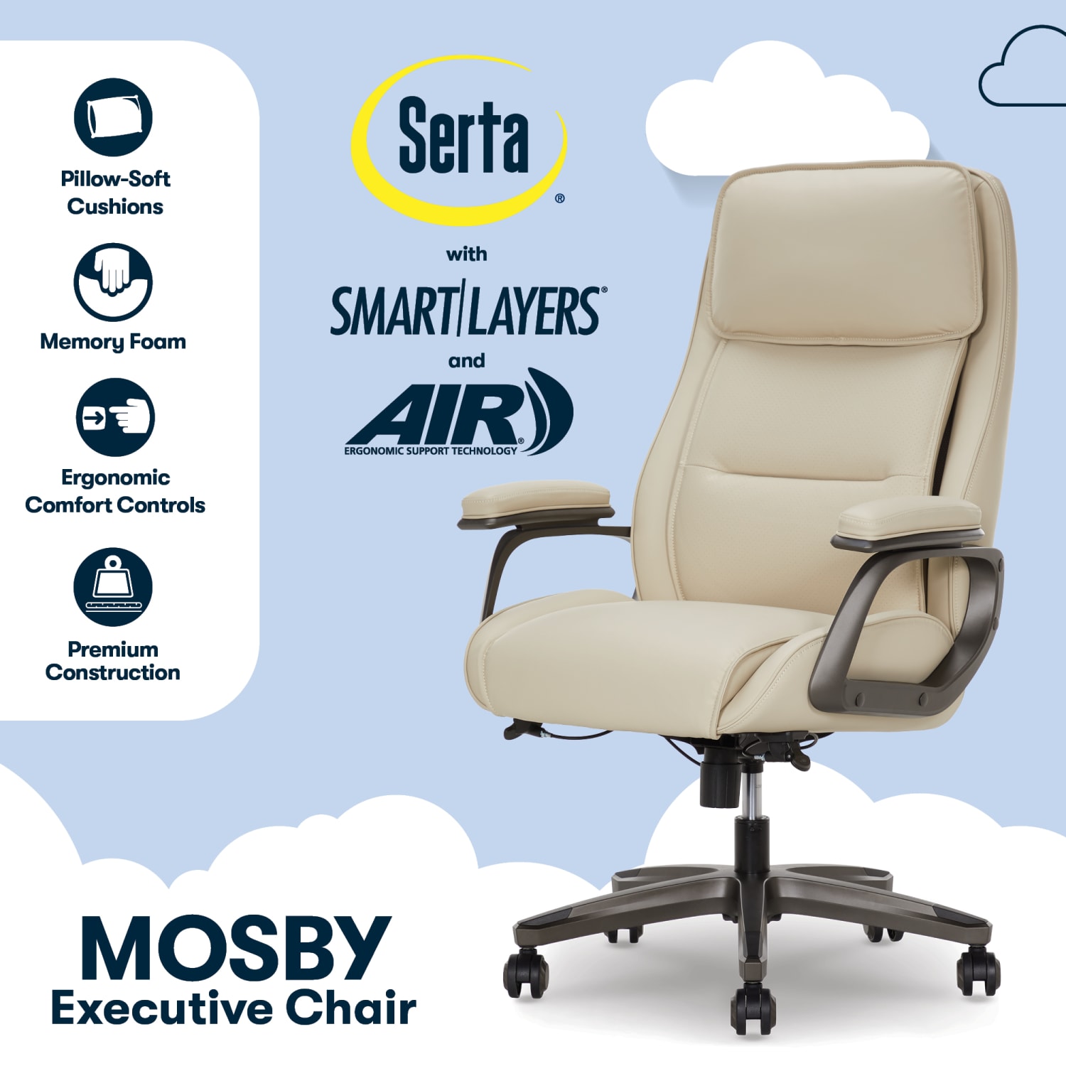 Serta® SmartLayers™ Mosby Ergonomic Vegan Leather High-Back Executive Office Chair, Cream - Image 3