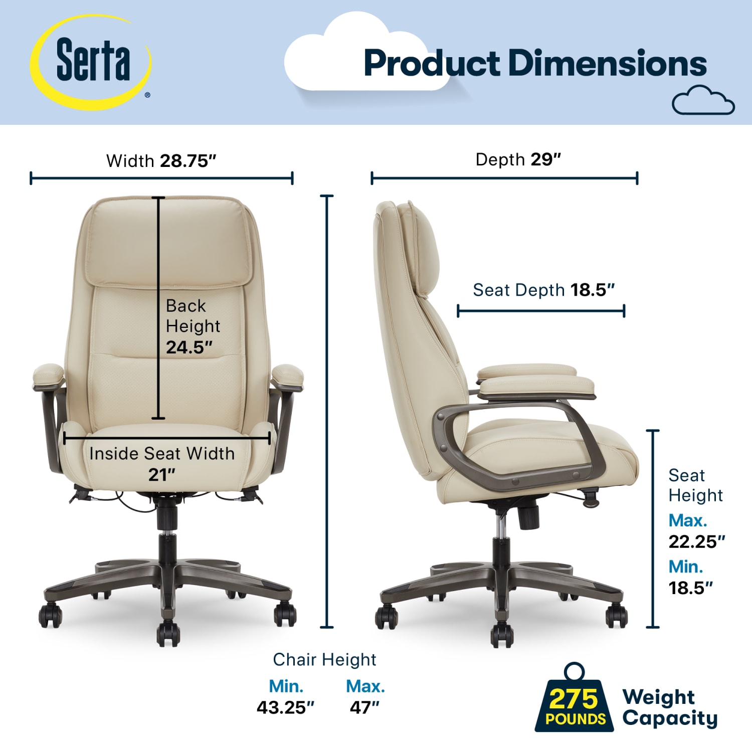 Serta® SmartLayers™ Mosby Ergonomic Vegan Leather High-Back Executive Office Chair, Cream - Image 4