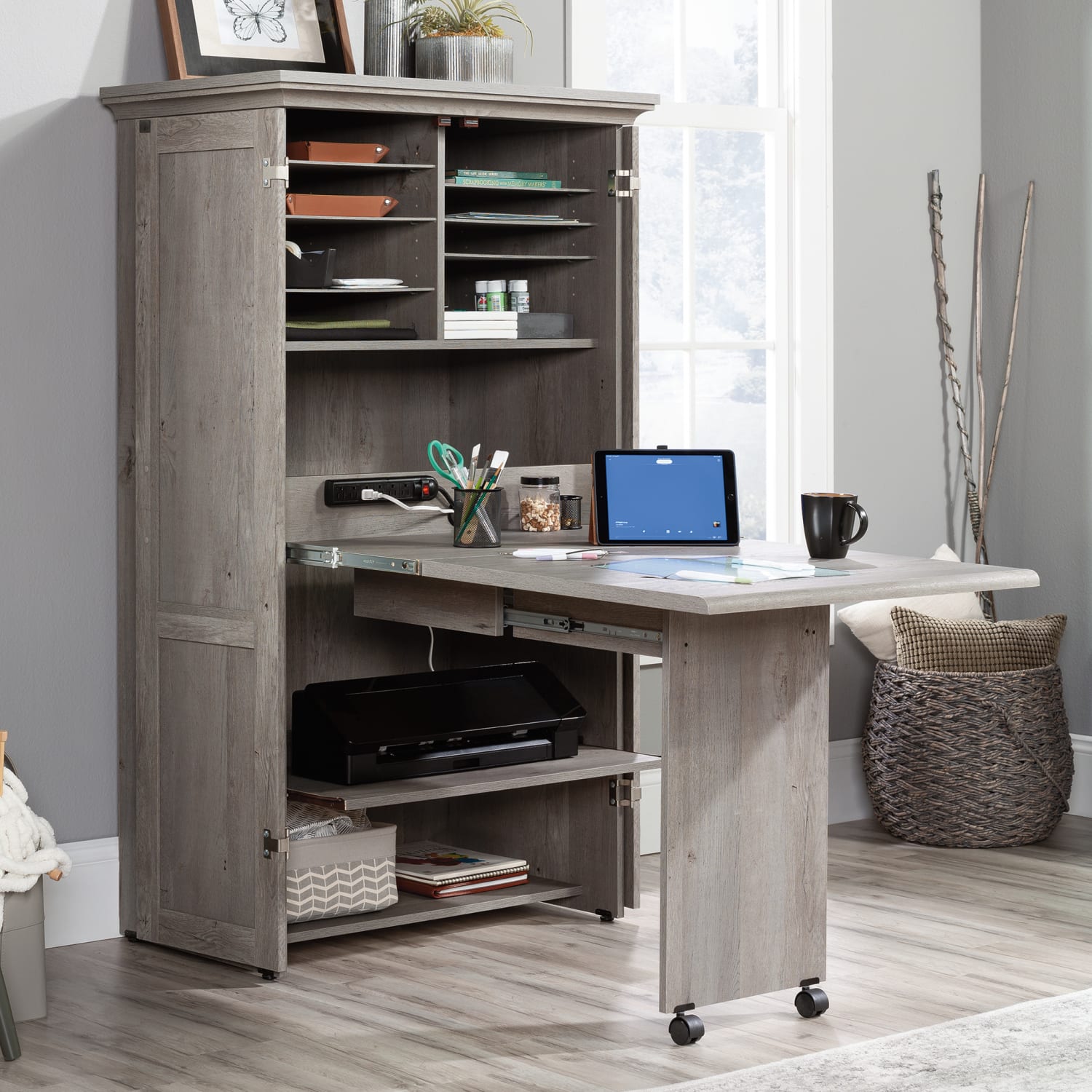 Sauder Craft 36inW Storage Armoire And Stow Away Desk, Mystic Oak - Image 6