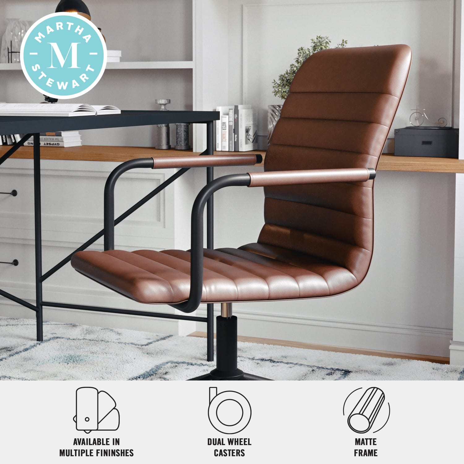 Martha Stewart Taytum Faux Leather Upholstered Mid Back Executive Office Chair Saddle BrownOil Rubbed Bronze PopularChairscom