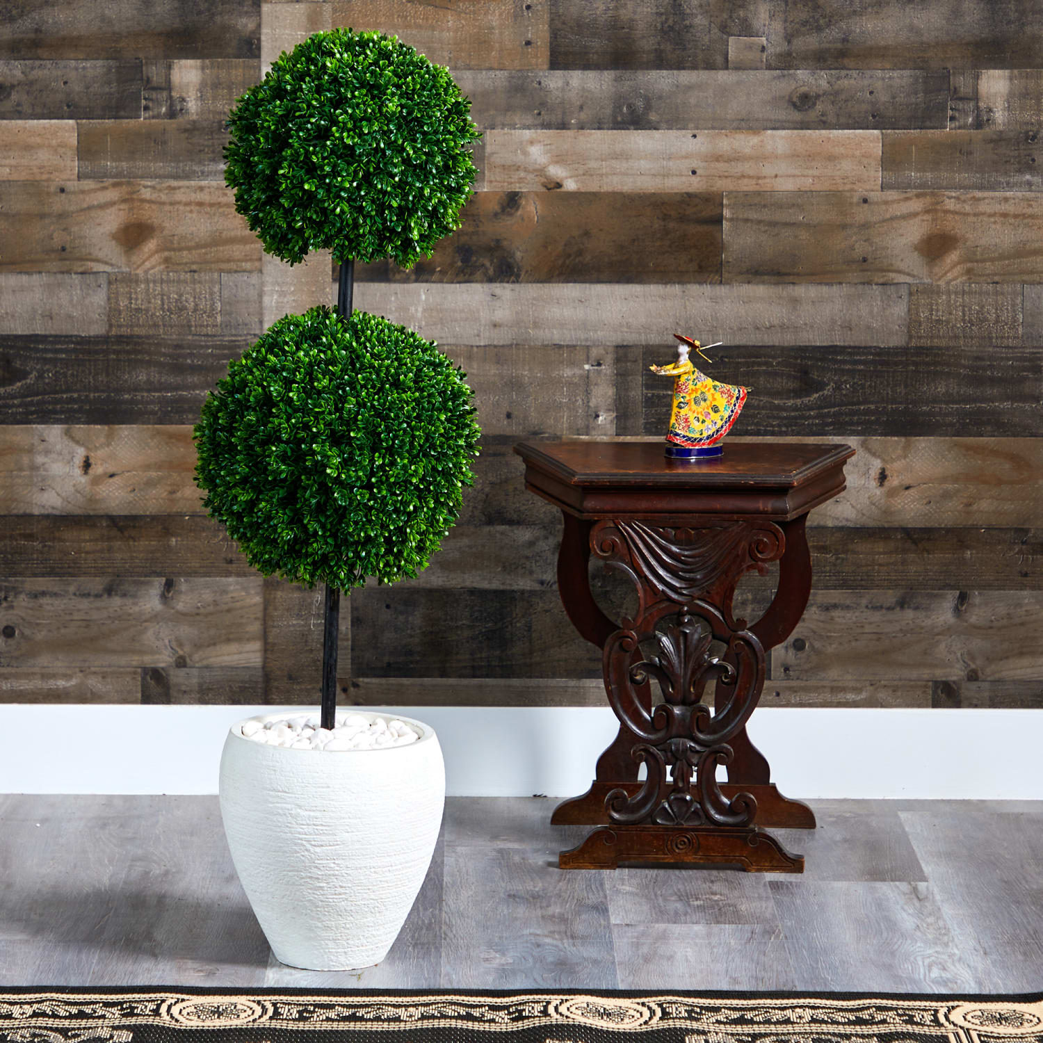 Nearly Natural Boxwood Double Ball Topiary 4'H Artificial Tree With Planter, 48inH x 10inW x 10inD, Green/White - Image 5