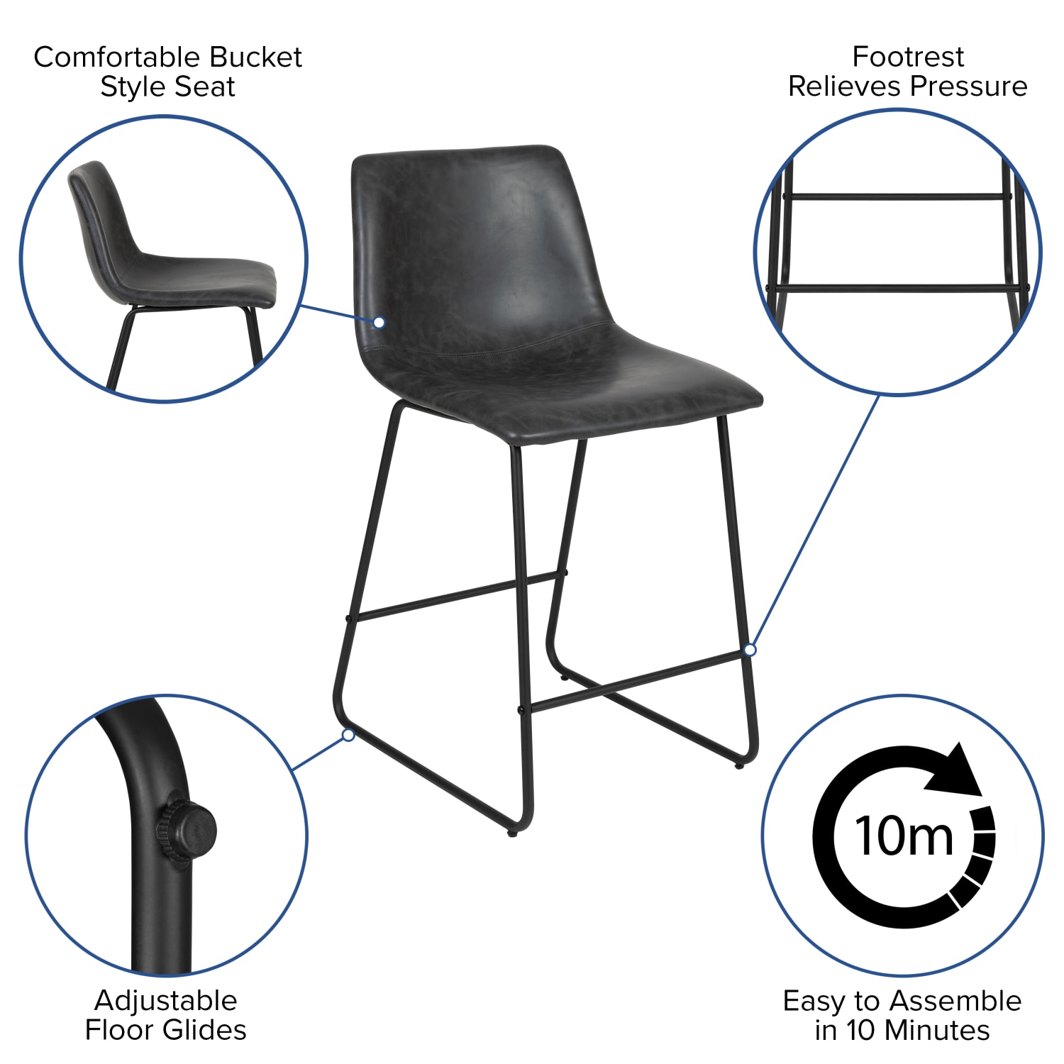 Flash Furniture LeatherSoft Faux Leather Counter-Height Bar Stools, Gray, Set Of 2 Stools - Image 6