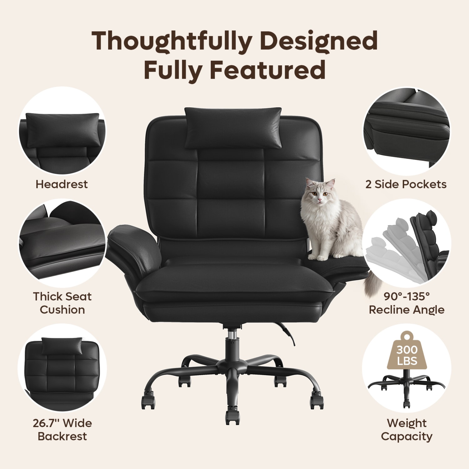 Bestier Ergonomic PU Leather High-Back Swivel Executive Office Chair, Black - Image 7