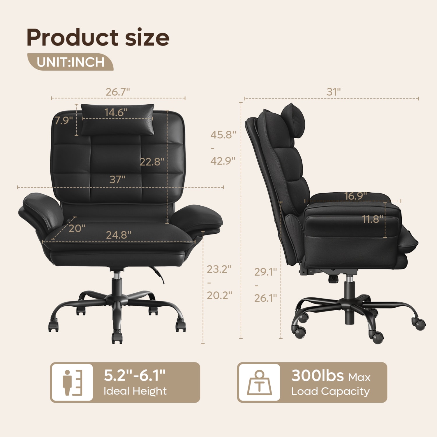 Bestier Ergonomic PU Leather High-Back Swivel Executive Office Chair, Black - Image 9
