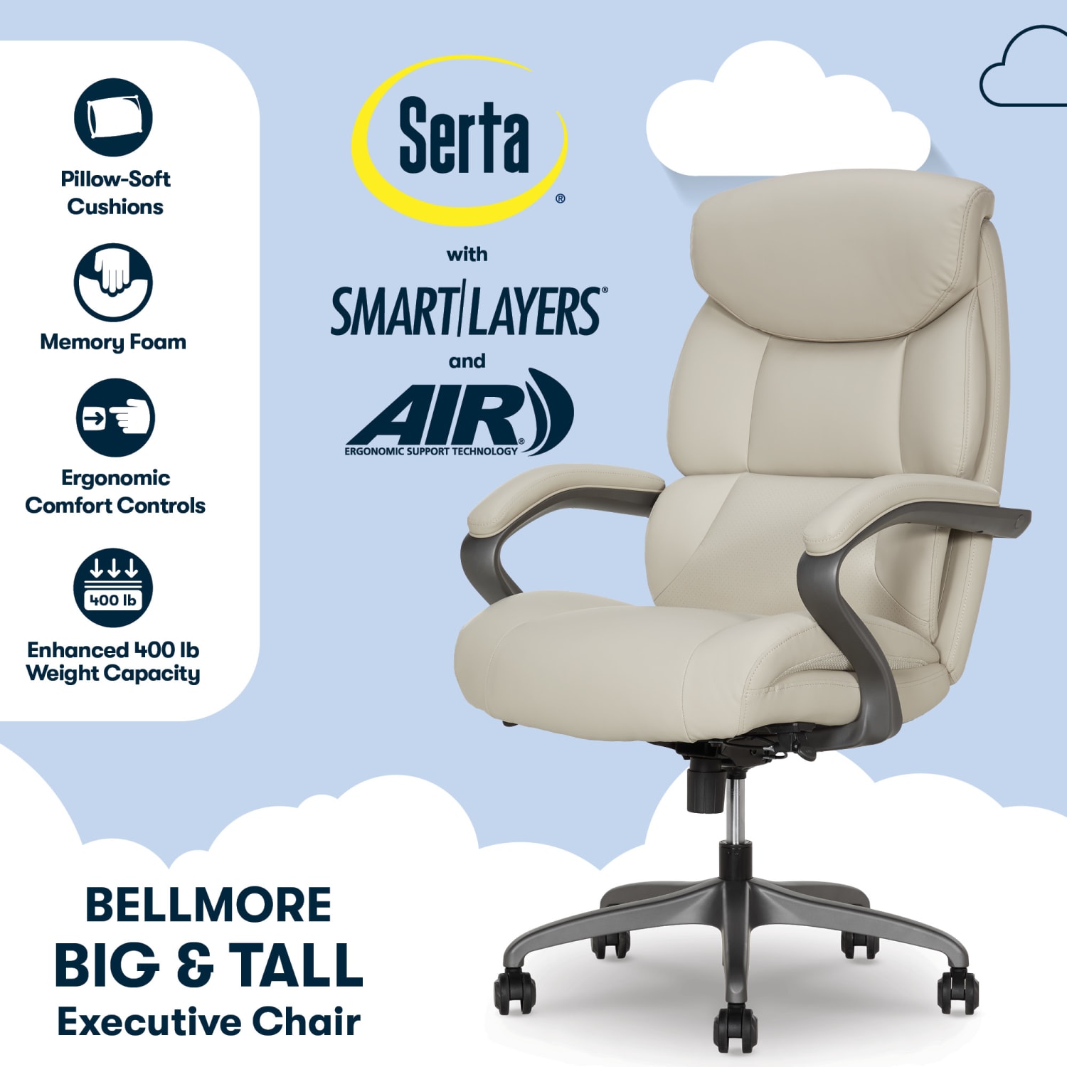 Serta SmartLayers Bellmore Big & Tall Ergonomic Executive Office Chair with Pebbled-Texture Vegan Leather, Beige/Dark Gray, BIFMA Compliant - Image 3