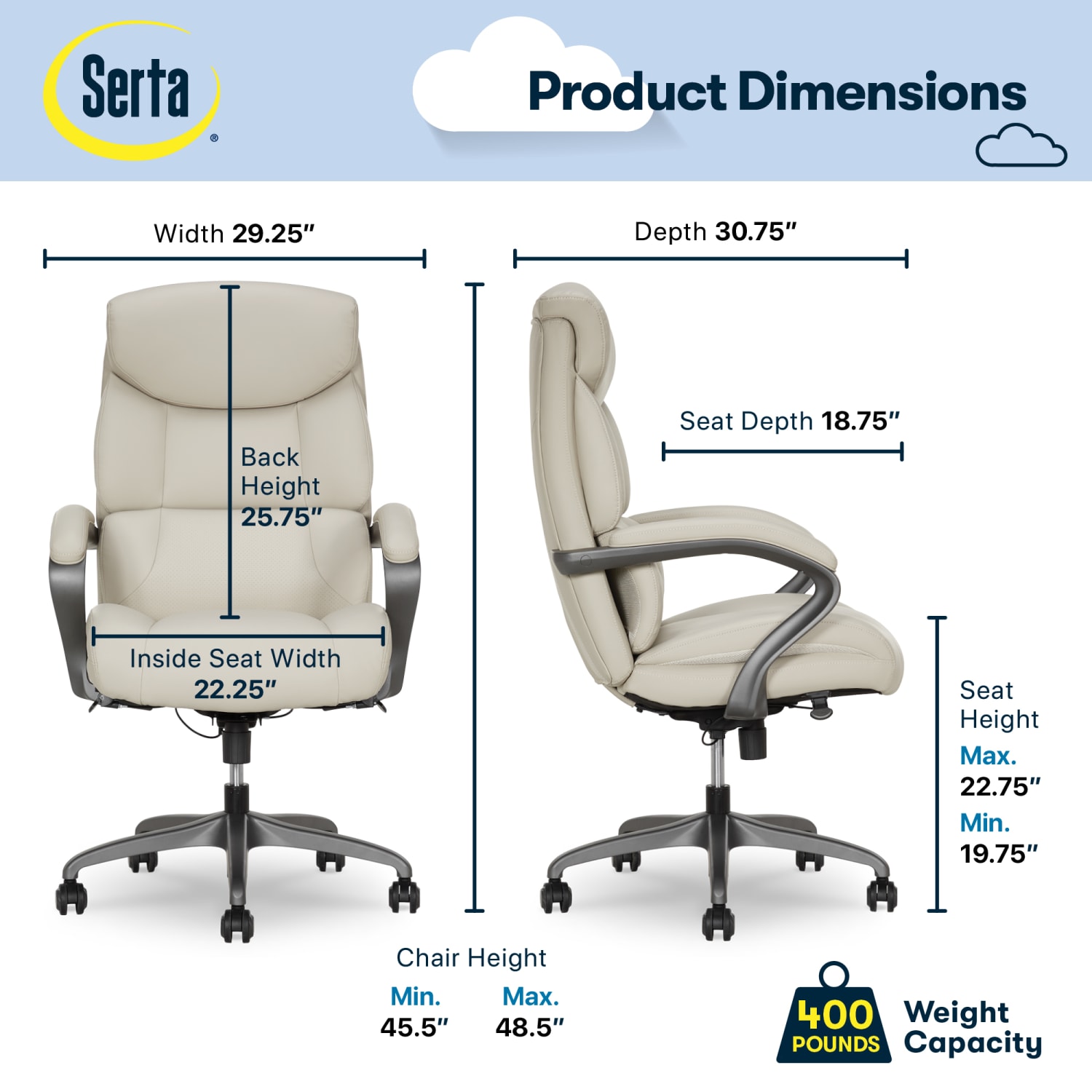 Serta SmartLayers Bellmore Big & Tall Ergonomic Executive Office Chair with Pebbled-Texture Vegan Leather, Beige/Dark Gray, BIFMA Compliant - Image 4