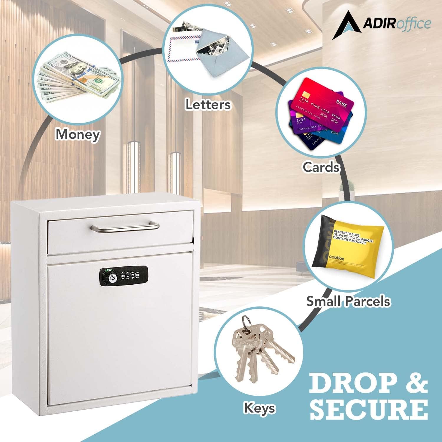 Alpine AdirOffice Large Drop Box Wall Mounted Locking Mail Box With Key And Combination Lock, 16-1/4inH x 11-1/4inW x 4-3/4inD, White - Image 5