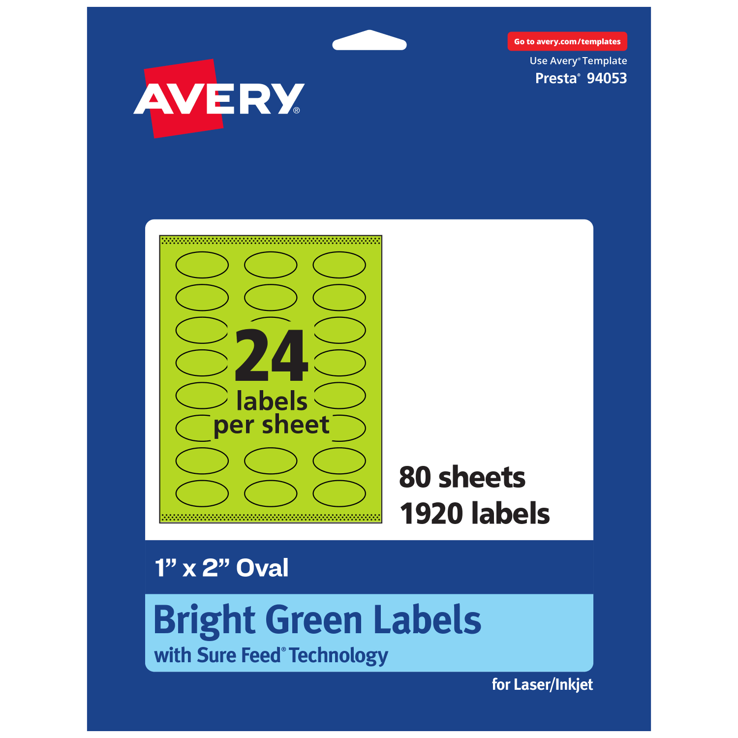 Avery Print-To-The-Edge Labels With Sure Feed Technology And Easy Peel Label Feature, 94053-BGP80, Oval, 1in x 2in, Matte Bright Green, Pack of 1920