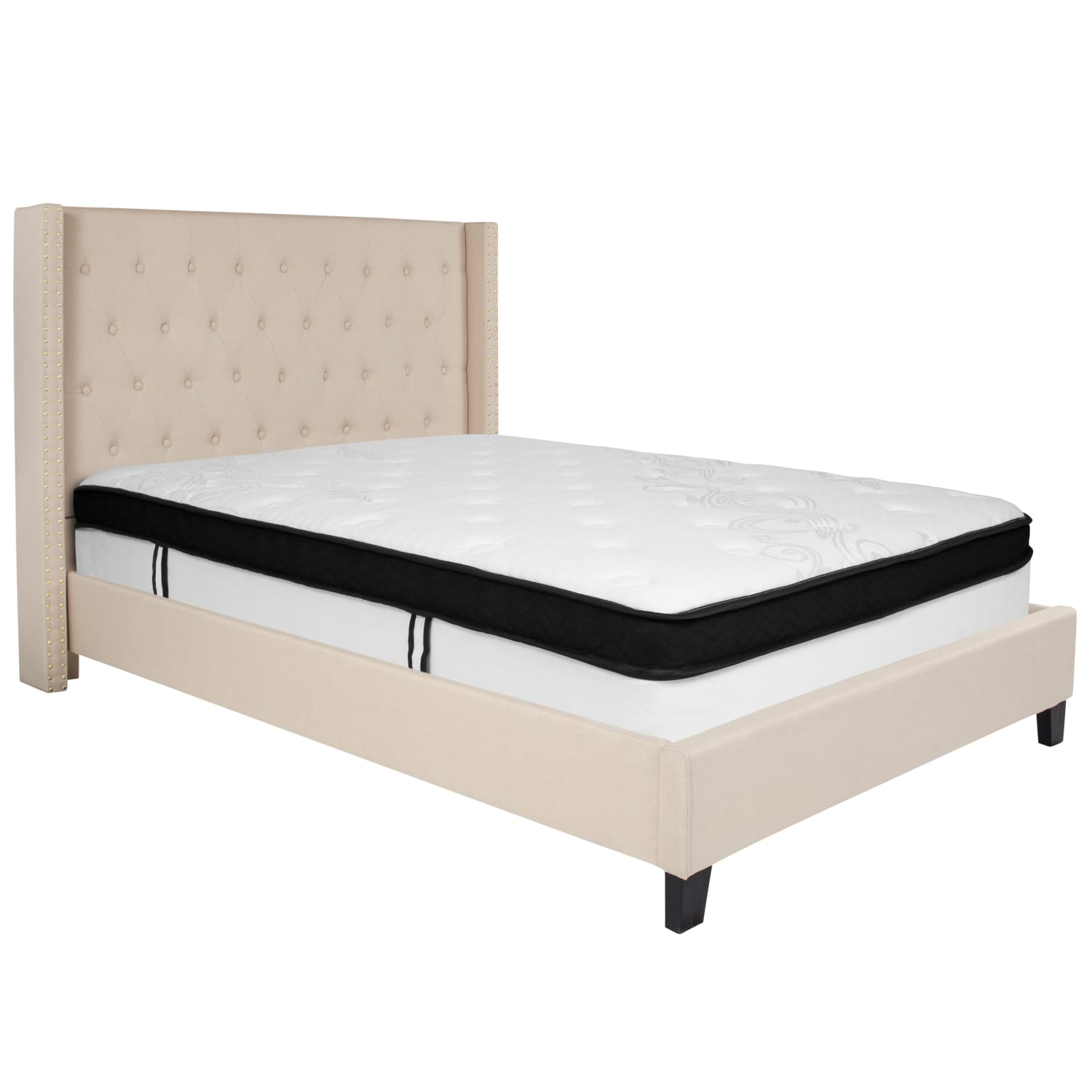 Flash Furniture Riverdale Tufted Upholstered Platform Bed With Accent Nail Trimmed Extended Sides And Memory Foam Pocket Spring Mattress, Full, Beige - Image 3
