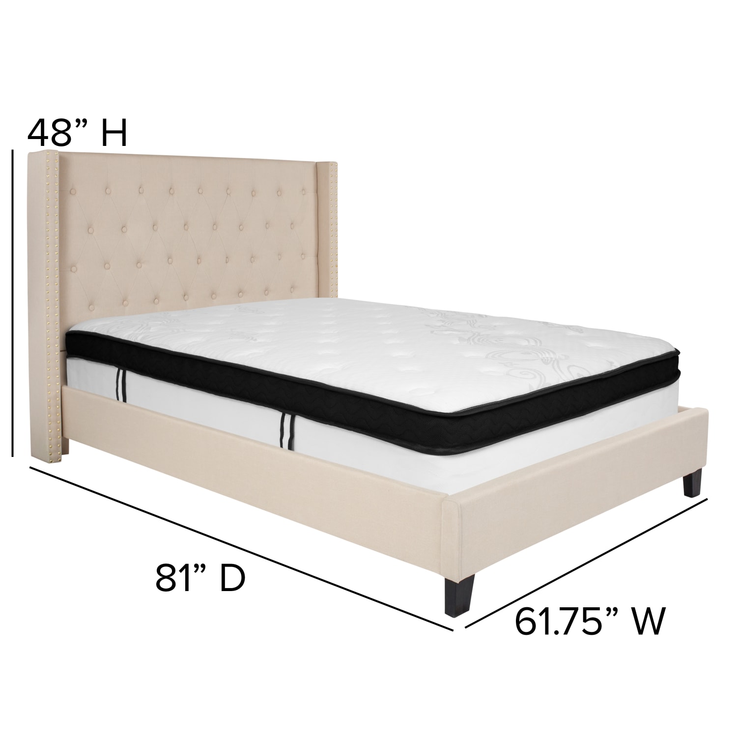 Flash Furniture Riverdale Tufted Upholstered Platform Bed With Accent Nail Trimmed Extended Sides And Memory Foam Pocket Spring Mattress, Full, Beige - Image 5