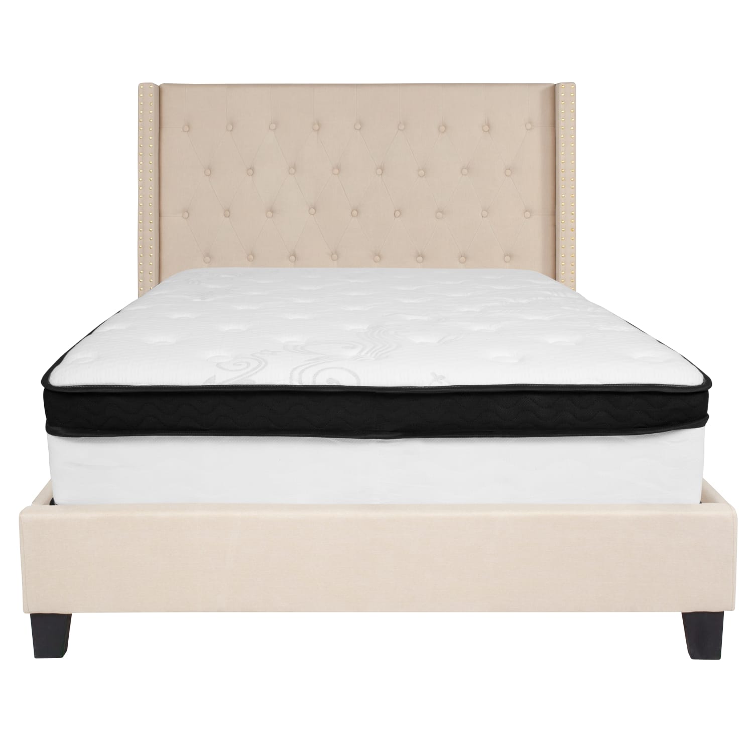 Flash Furniture Riverdale Tufted Upholstered Platform Bed With Accent Nail Trimmed Extended Sides And Memory Foam Pocket Spring Mattress, Full, Beige - Image 6