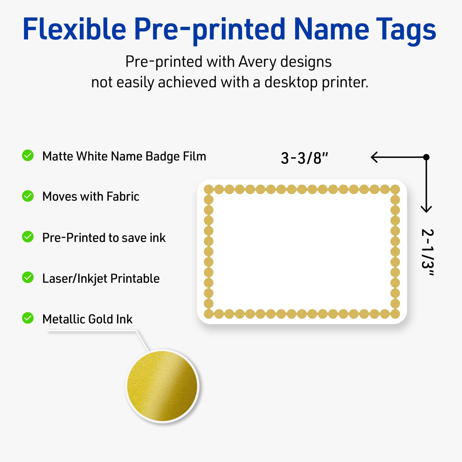 Avery Printable Adhesive Name Badges With Preprinted Designs, Rectangle, S00-EY1, 2-1/3in x 3-3/8in, Matte White With Gold Beads Design, Pack Of 80 - Image 4