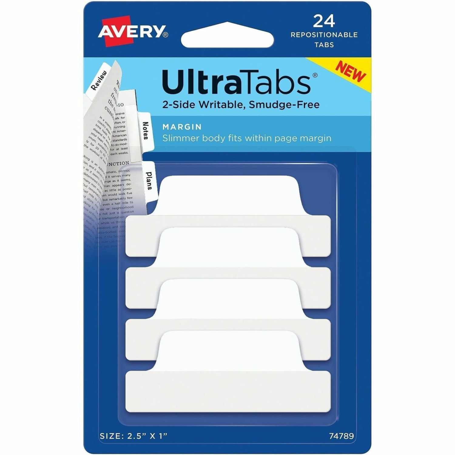 Avery Ultra Tabs Repositionable Margin Tabs - 24 Tab(s) - 6 Tab(s)/Set - Clear Film, White Paper Tab(s) - 24 / Pack