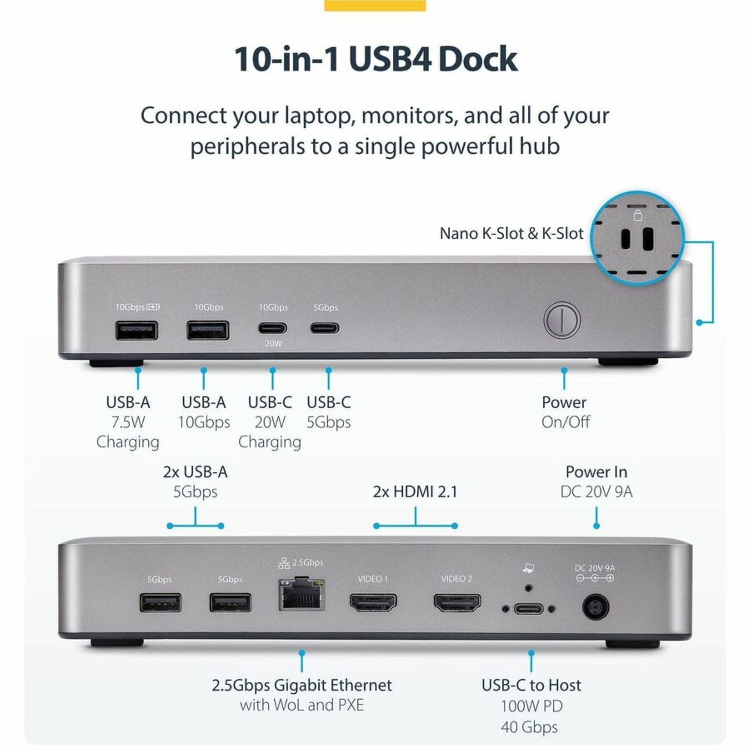 StarTech Dual-Monitor USB4 Docking Station, Dual 4K 120Hz or Single 8K 60Hz HDMI, 100W Laptop Charging, 2.5GbE, 155NAUSB4DOCK - Image 3