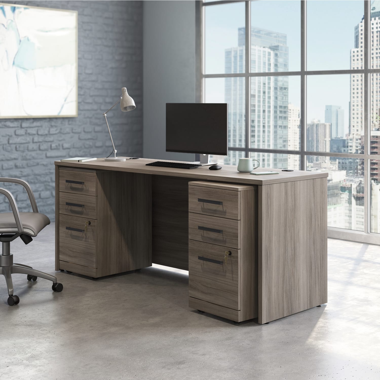 Sauder Affirm Commercial 72inW Desk With Two 3-Drawer Pedestal Filing Cabinets, Hudson Elm - Image 4