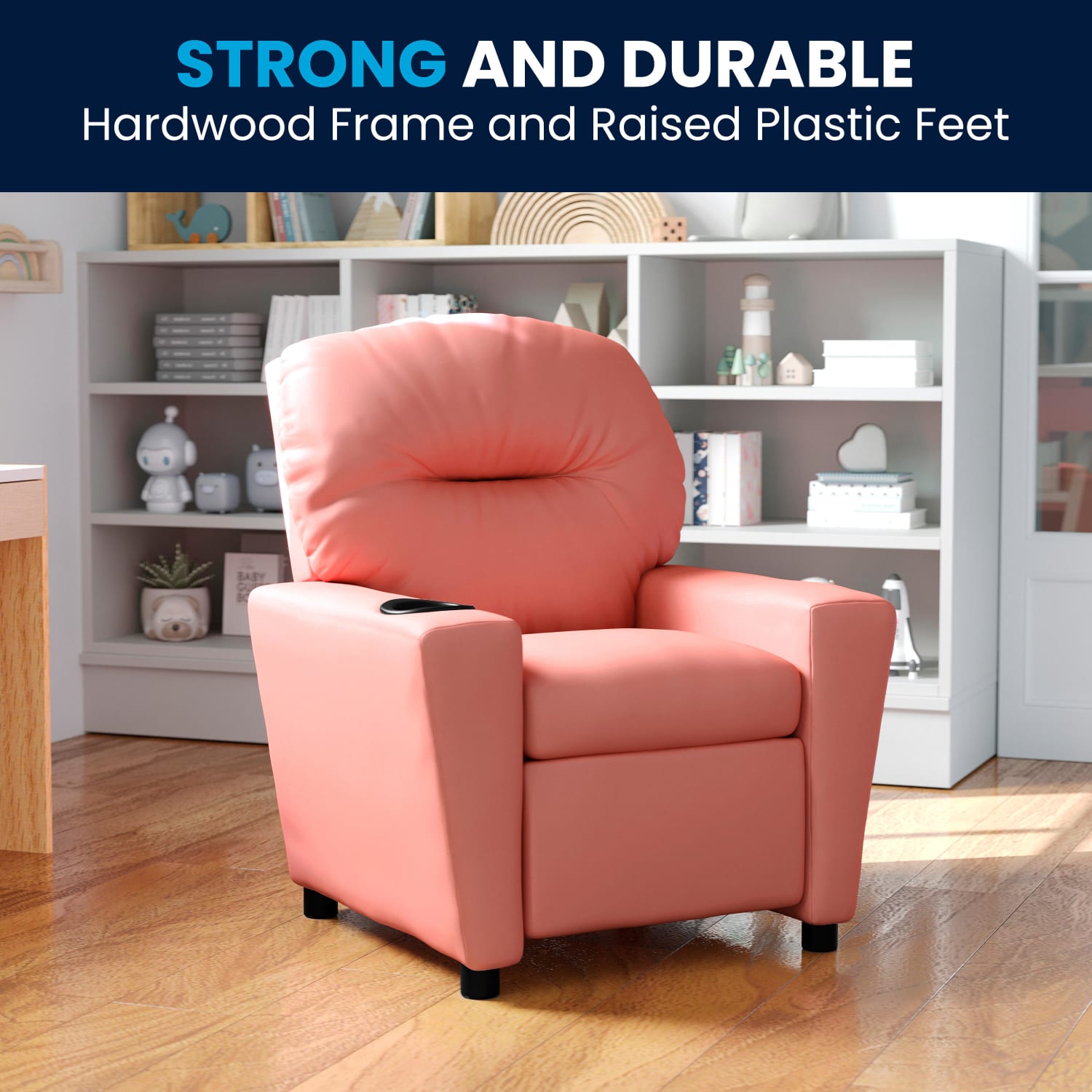 Flash Furniture Contemporary Kids Vinyl Recliner Accent Chair With Cup Holder, Pink - Image 3