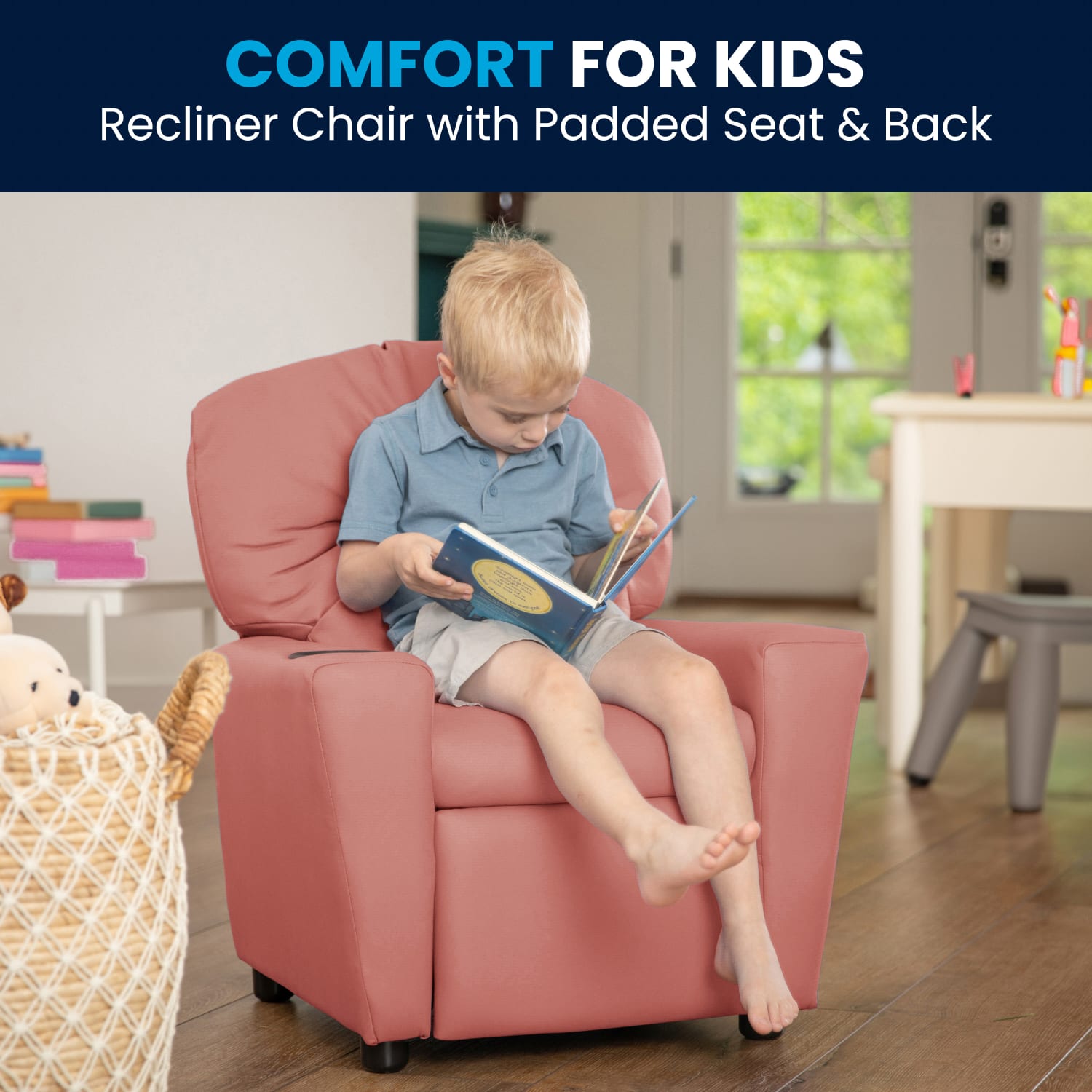 Flash Furniture Contemporary Kids Vinyl Recliner Accent Chair With Cup Holder Pink PopularChairscom