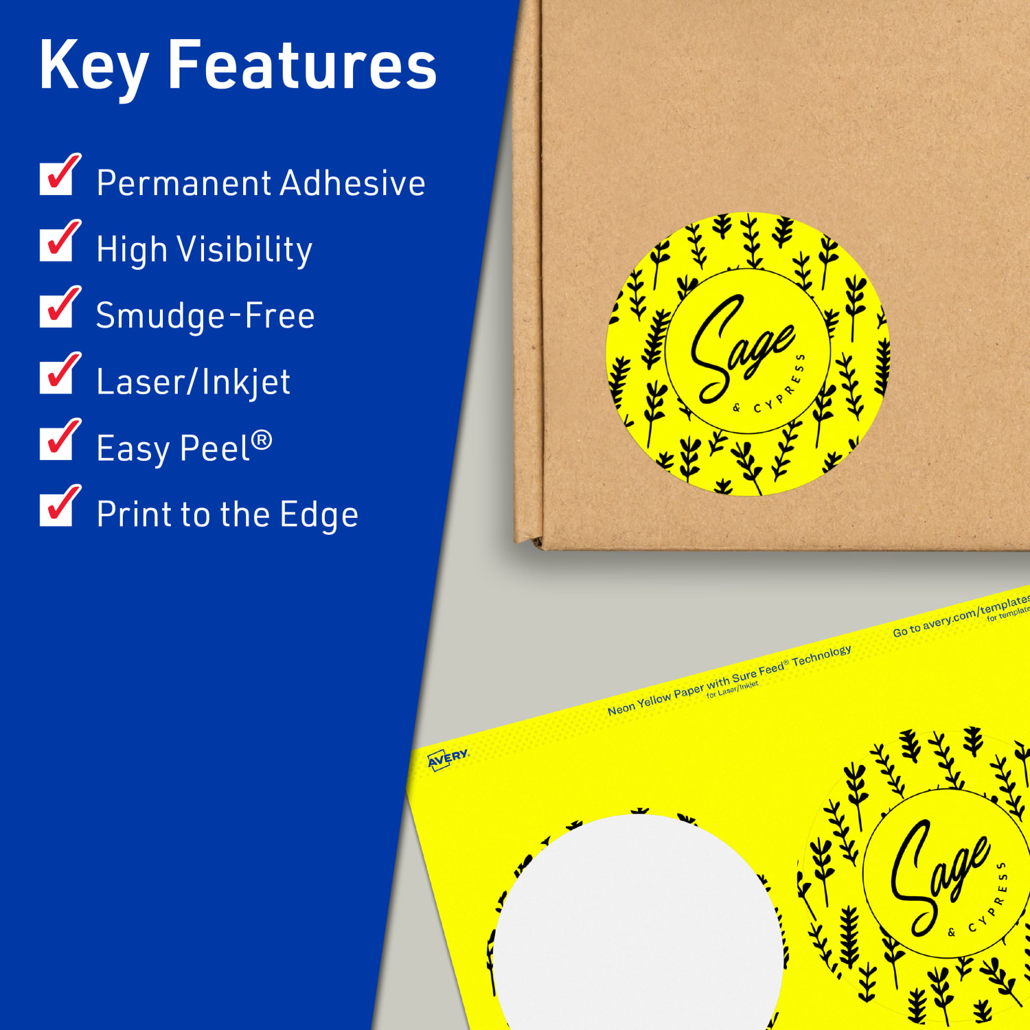 Avery Print-To-The-Edge Labels With Sure Feed Technology, 94514-NYP10, Round, 3-1/2in, Matte Neon Yellow, Pack of 40 - Image 3