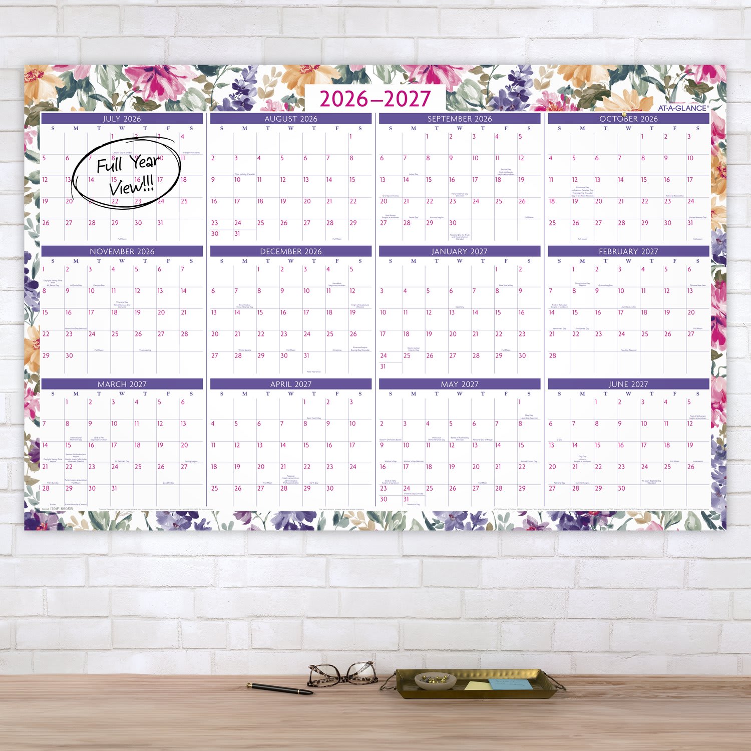 AT-A-GLANCE BADGE Reversible Erasable Academic and Regular Year 2026-2027 Wall Calendar, Floral, Large, 24in x 36in - Image 3