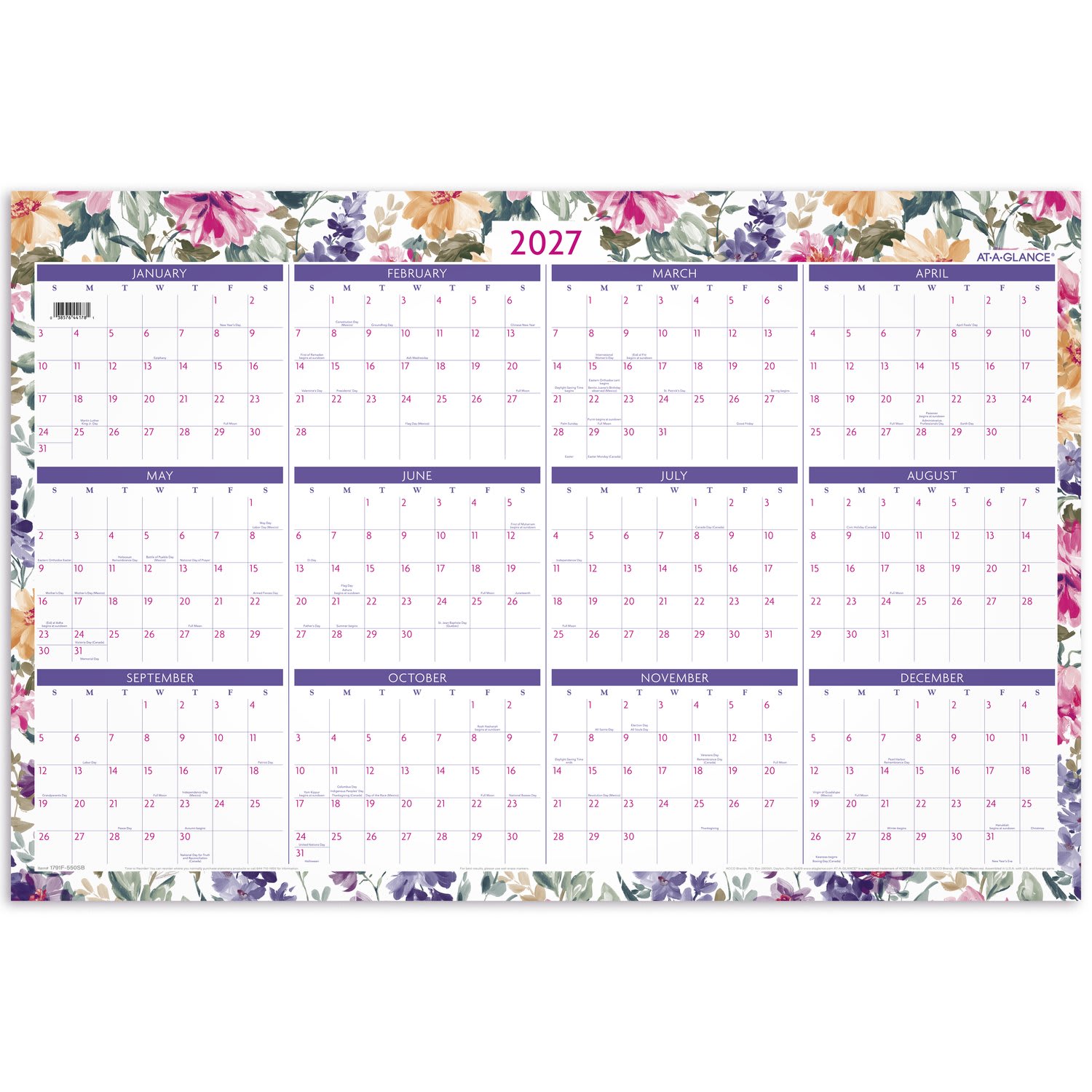 AT-A-GLANCE BADGE Reversible Erasable Academic and Regular Year 2026-2027 Wall Calendar, Floral, Large, 24in x 36in - Image 4