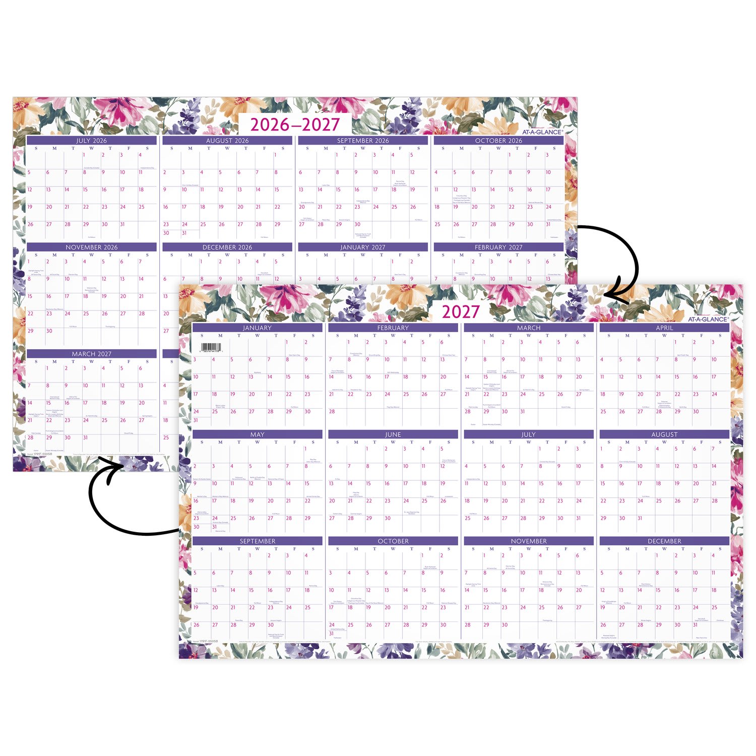 AT-A-GLANCE BADGE Reversible Erasable Academic and Regular Year 2026-2027 Wall Calendar, Floral, Large, 24in x 36in - Image 5