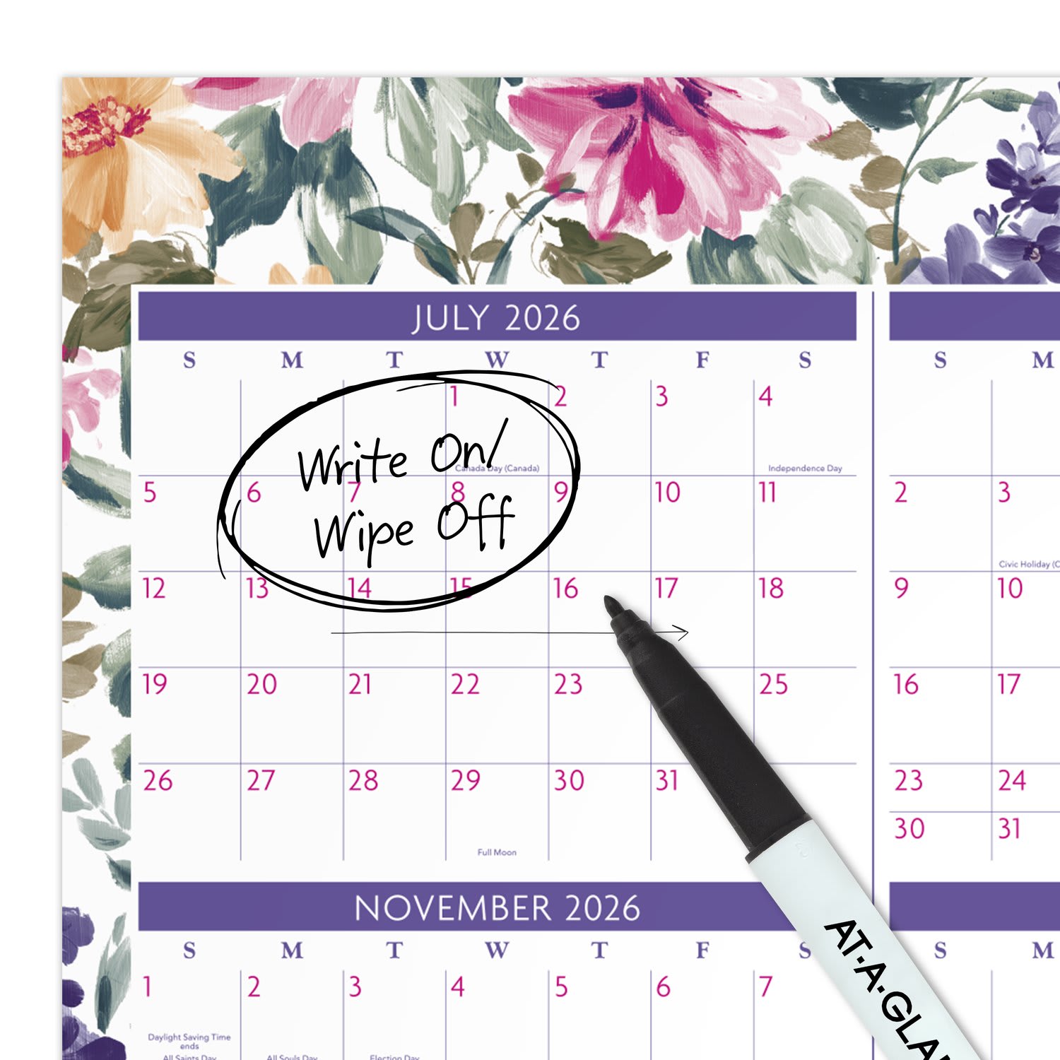 AT-A-GLANCE BADGE Reversible Erasable Academic and Regular Year 2026-2027 Wall Calendar, Floral, Large, 24in x 36in - Image 6