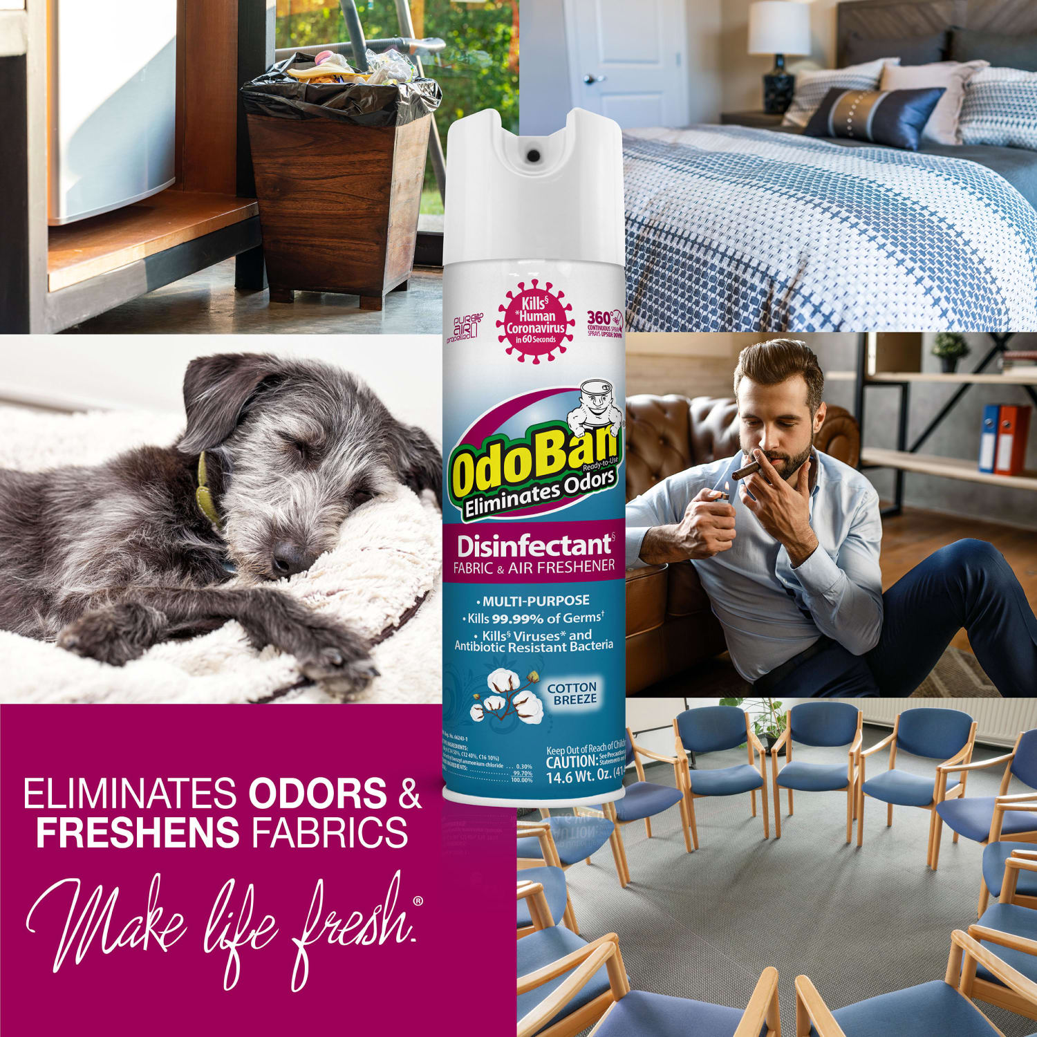 OdoBan Odor Eliminator Disinfectant 360 deg. Spray, Cotton Breeze Scent, 14.6 Oz - Image 3