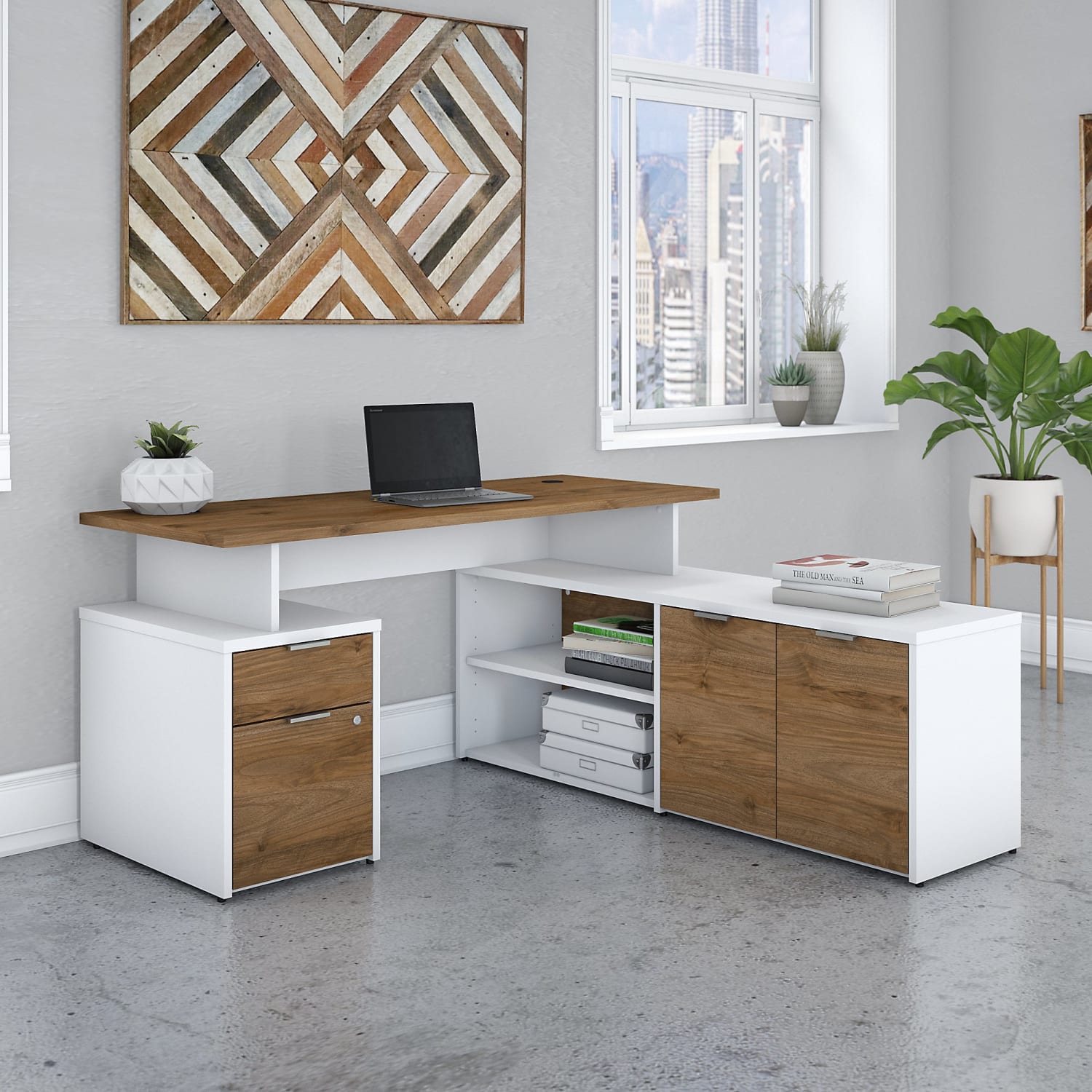 Bush Business Furniture Jamestown 60inW L-Shaped Corner Desk With Drawers, Fresh Walnut/White, Standard Delivery - Image 3