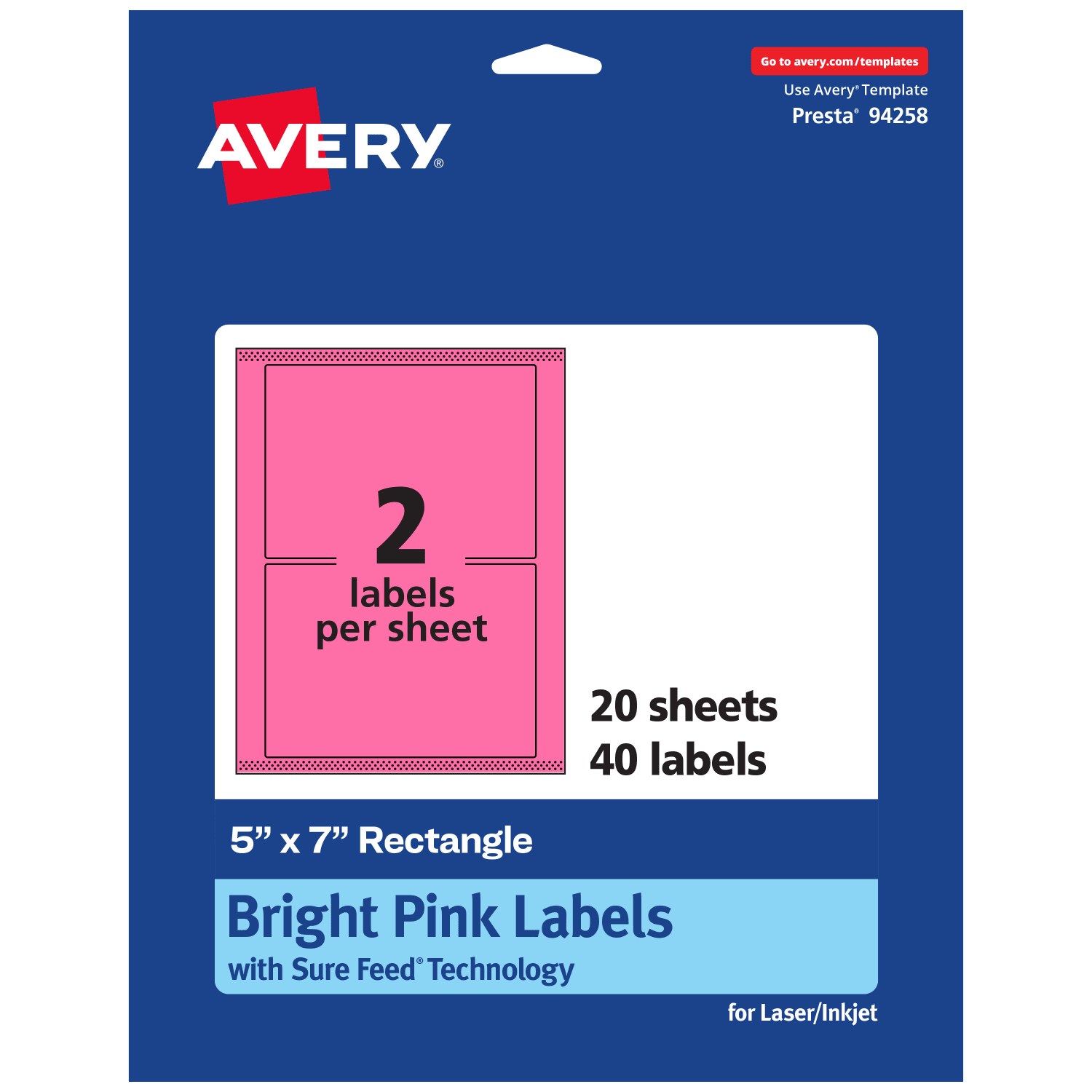 Avery Printable Labels With Sure Feed Technology, 94258-BPP20, Rectangle, 5in x 7in, Matte Bright Pink, Pack of 40 - Image 3