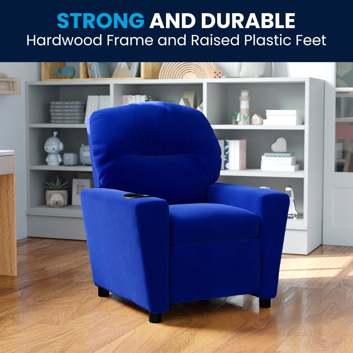 Flash Furniture Contemporary Kids Microfiber Recliner Accent Chair With Cup Holder, Blue - Image 3
