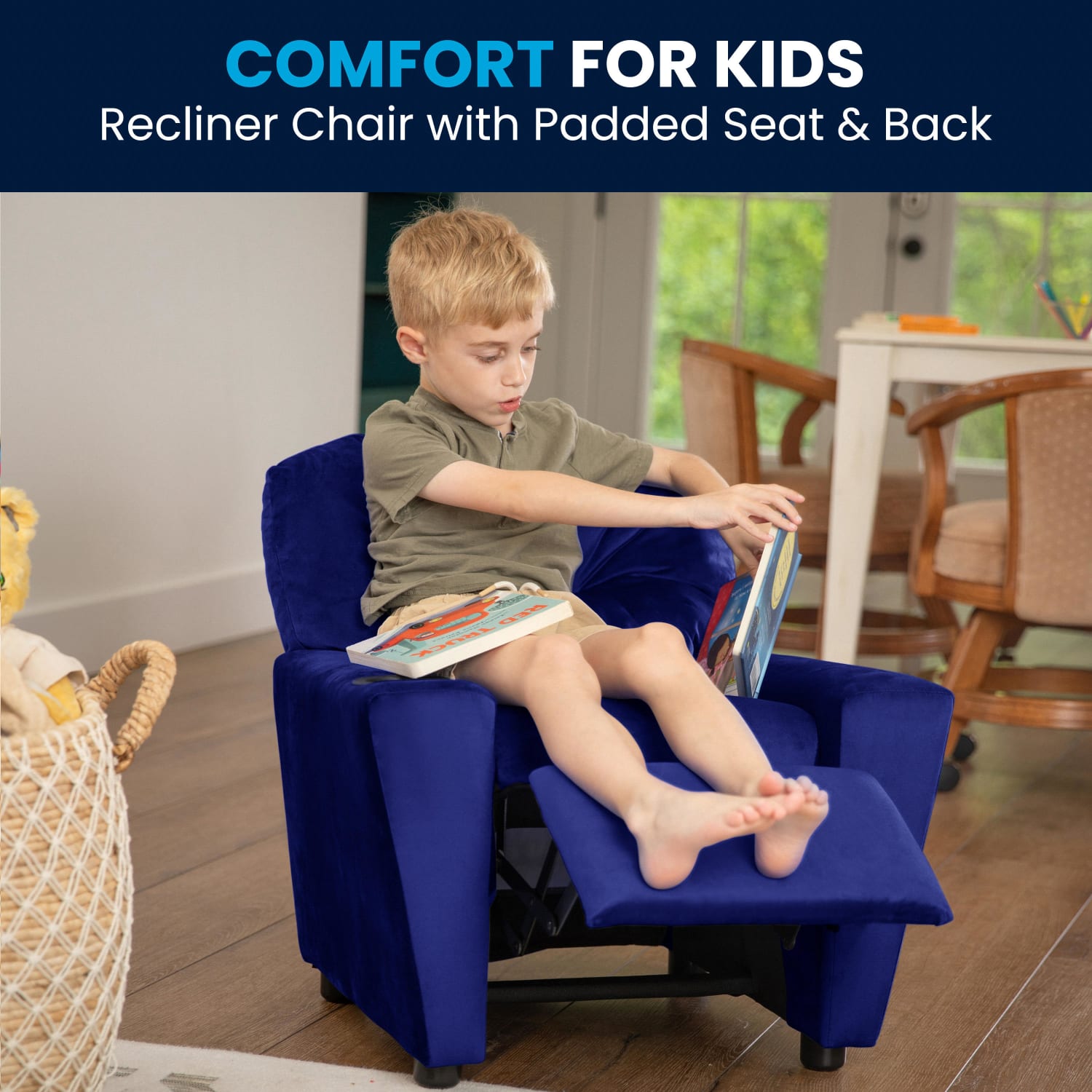 Flash Furniture Contemporary Kids Microfiber Recliner Accent Chair With Cup Holder, Blue - Image 6