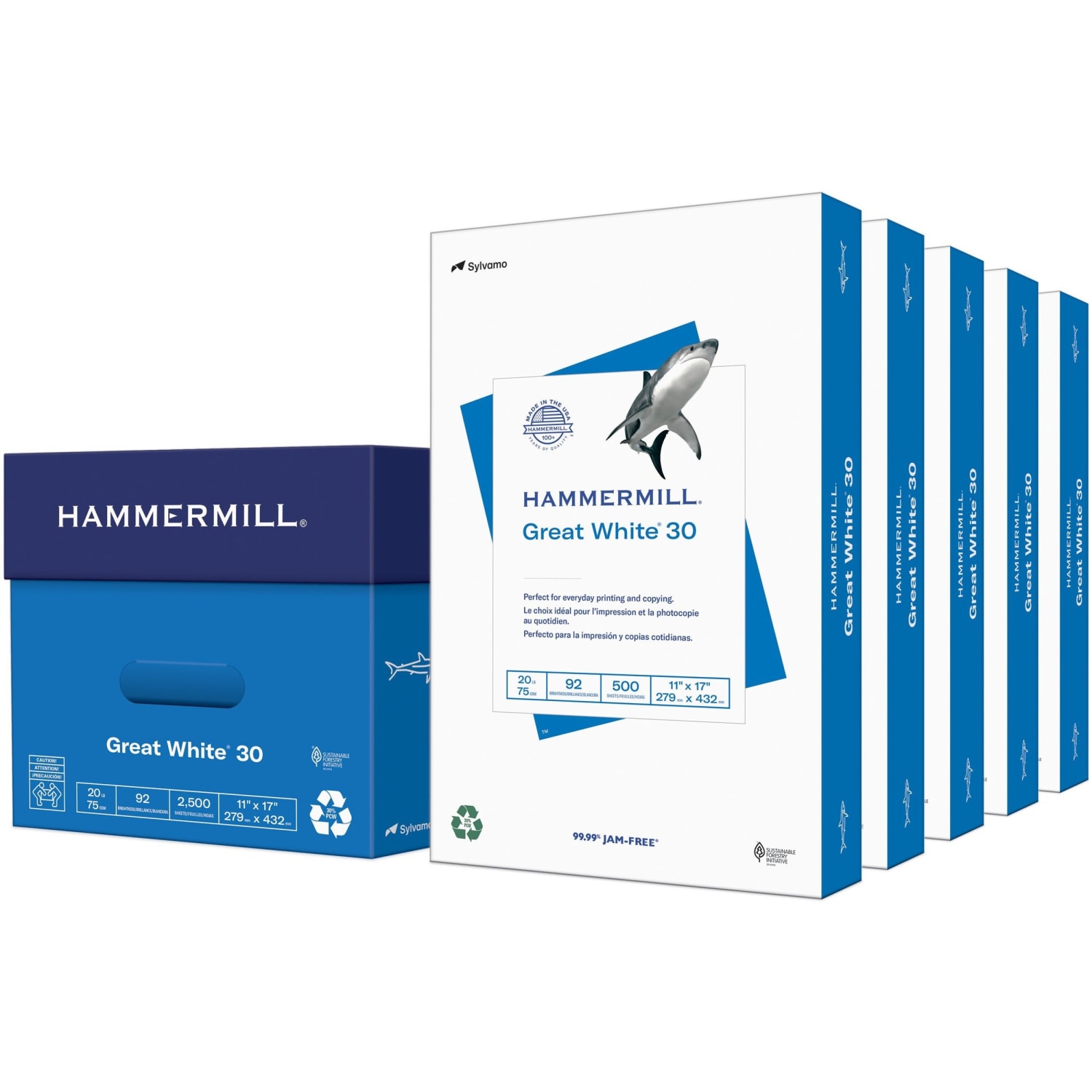 Hammermill Great White Inkjet Or Laser Paper, 1 Ream, White, Ledger Size (11in x 17in), 30% Recycled, Ream Of 500 Sheets, 20 Lb, 92 Brightness