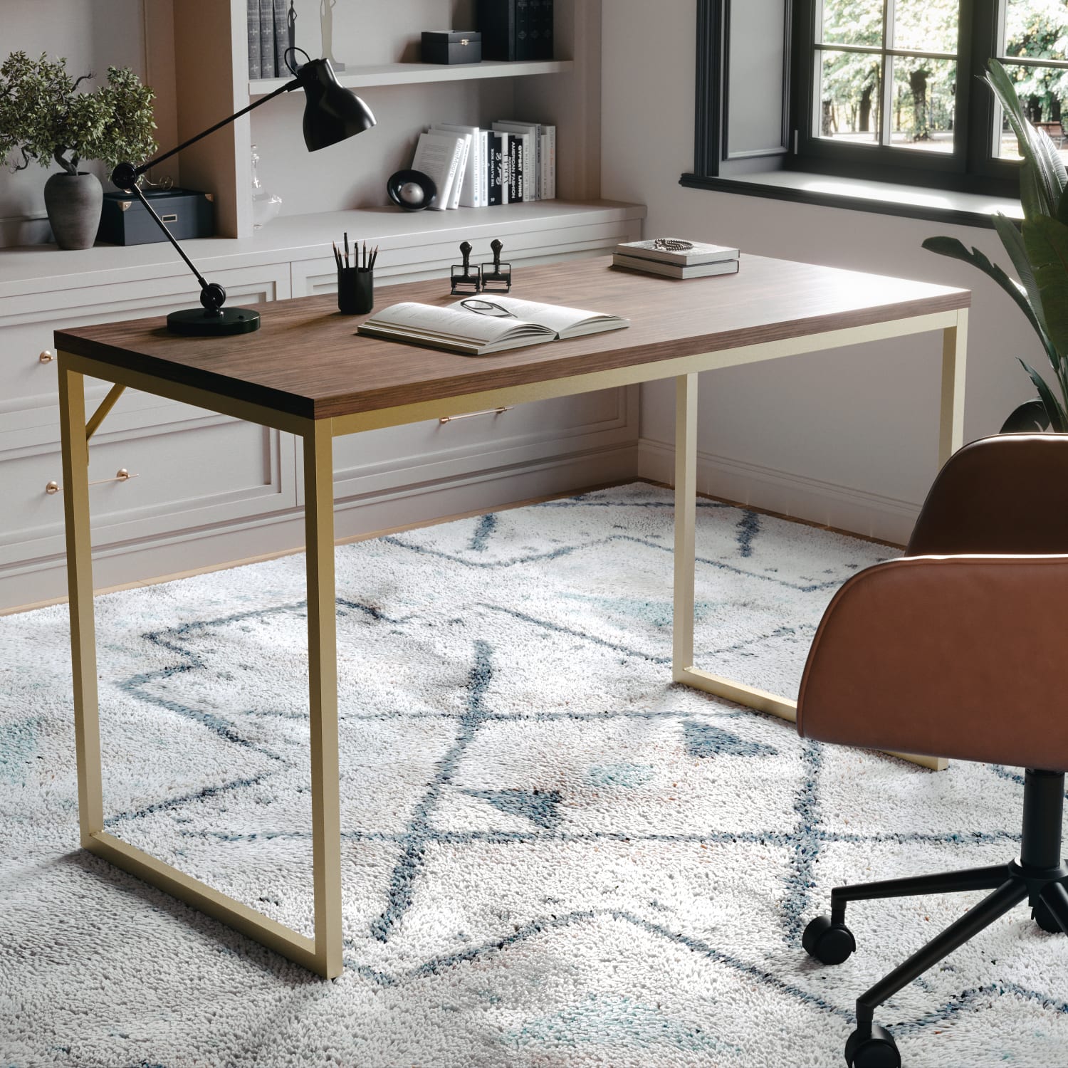 Martha Stewart Noah 47.25inW Home Office Parsons Computer Desk With Metal Frame, Walnut/Polished Brass