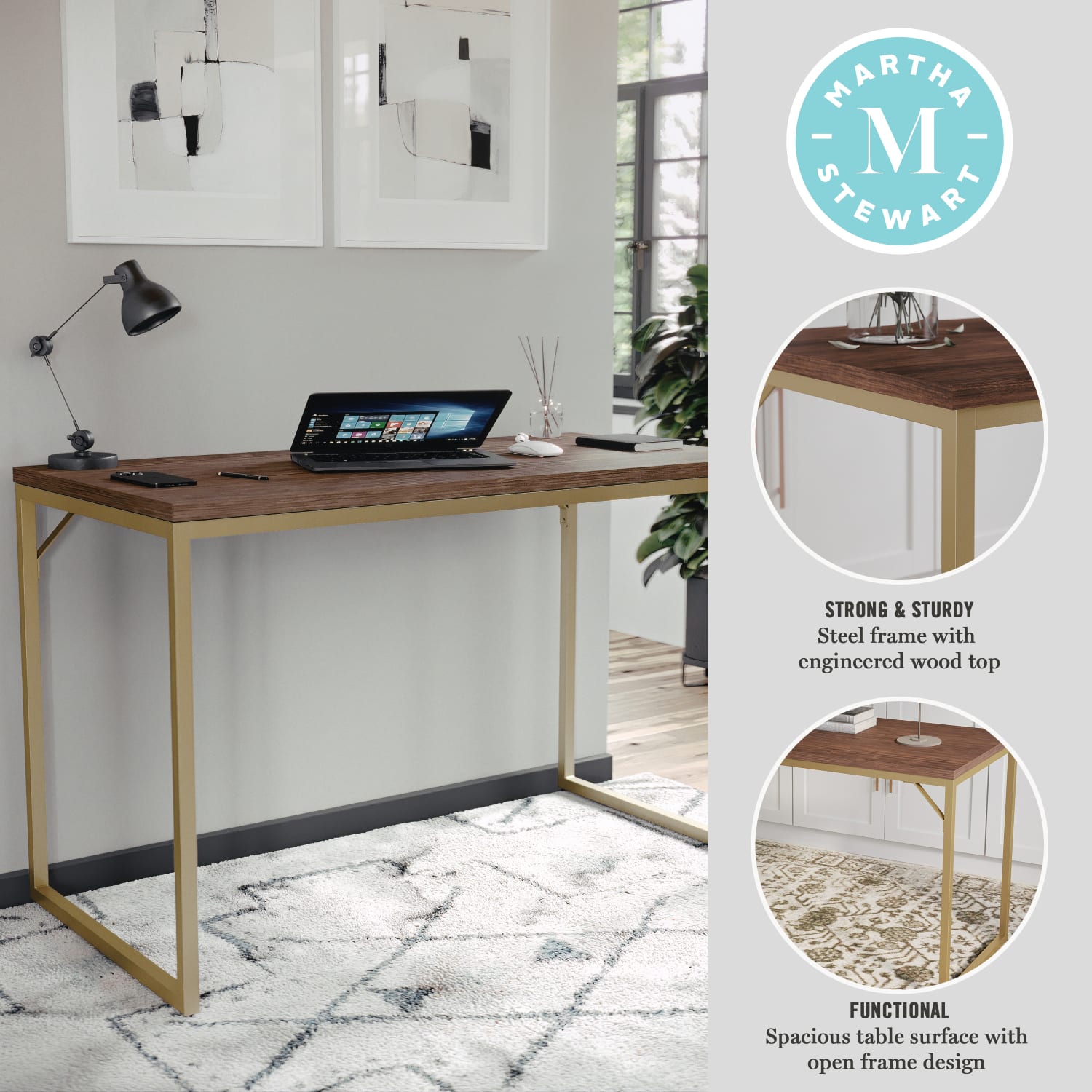 Martha Stewart Noah 47.25inW Home Office Parsons Computer Desk With Metal Frame, Walnut/Polished Brass - Image 4