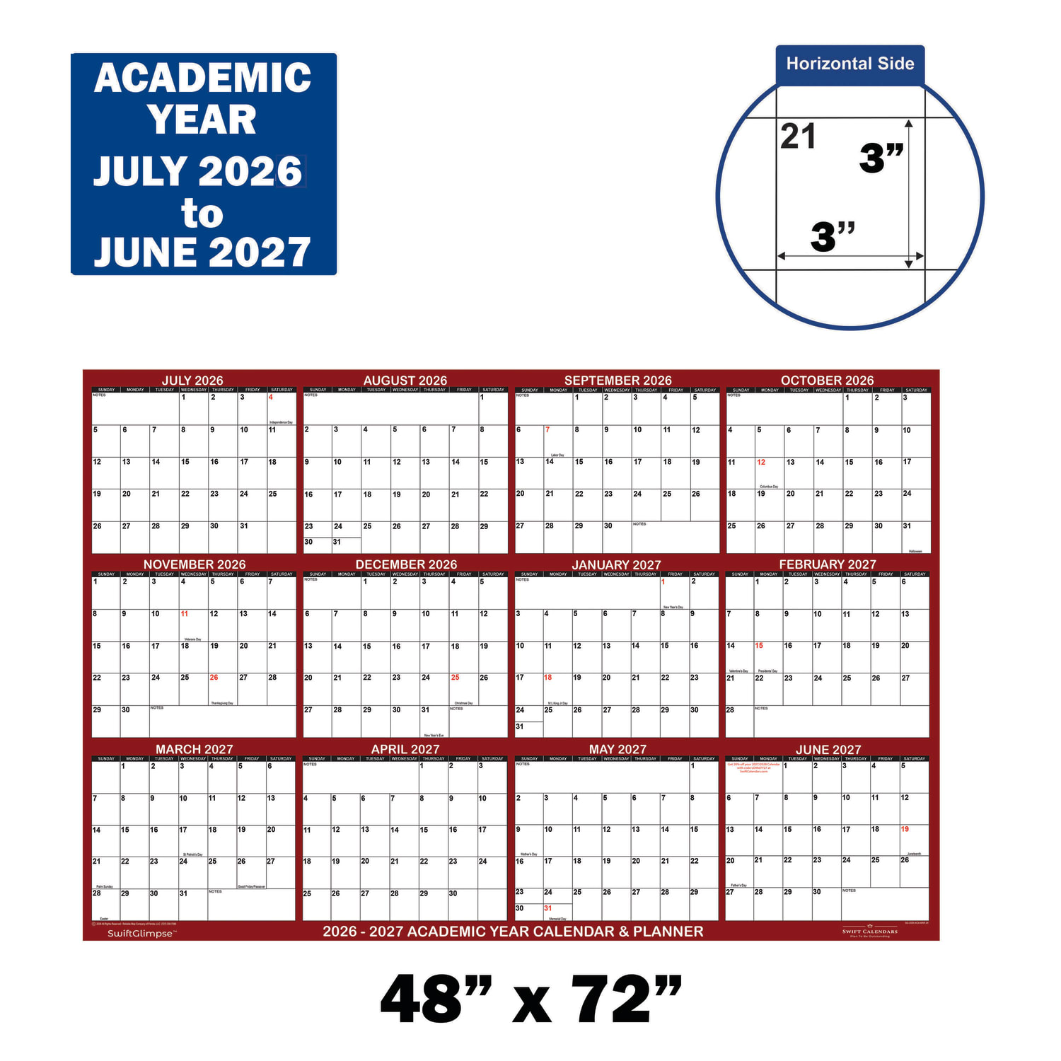 2026-2027 SwiftGlimpse Academic Monthly Wall Calendar, 72in x 48in, Maroon/White, July To June, Total Qty 1 - Image 3