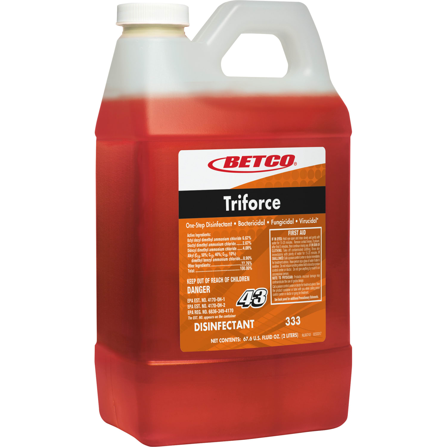 Betco Triforce Titan Disinfectant - FASTDRAW 43 - Concentrate - 67.6 fl oz (2.1 quart) - Fresh Scent - 1 Each - Orange - Image 3