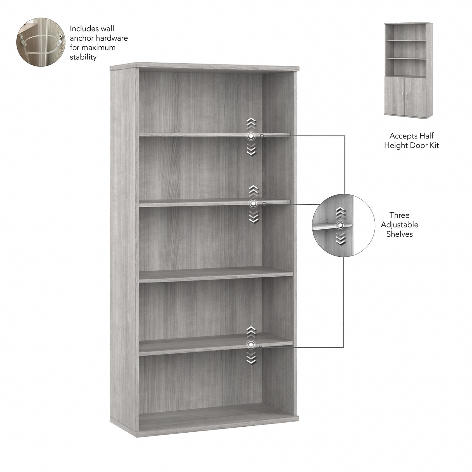 Bush Business Furniture Hybrid 73inH 5-Shelf Bookcase With Doors, Platinum Gray, Standard Delivery - Image 4