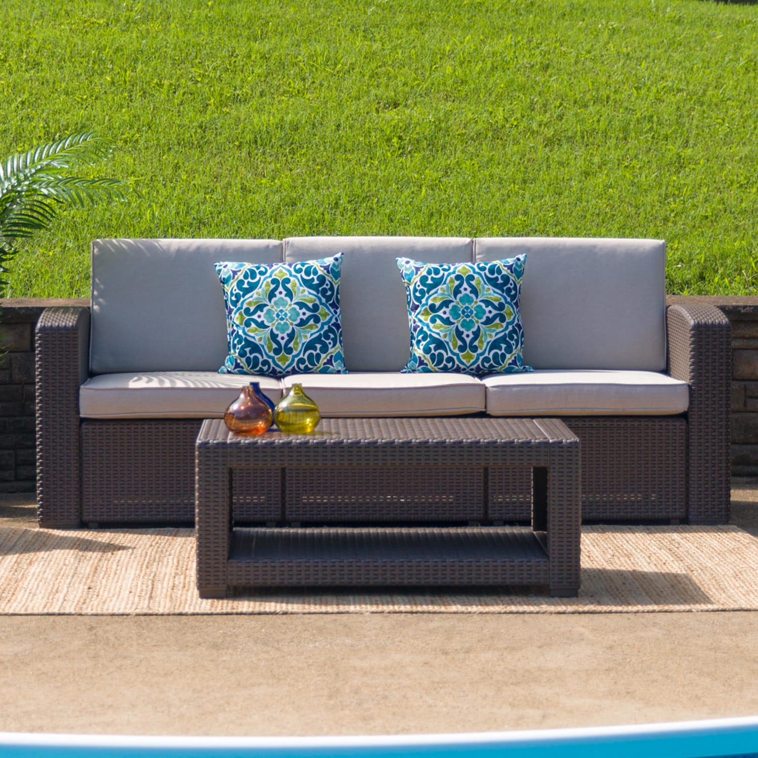 Flash Furniture Seneca Faux Rattan Outdoor Furniture Coffee Table, 15inH x 36-1/2inW x 22inD, Chocolate Brown