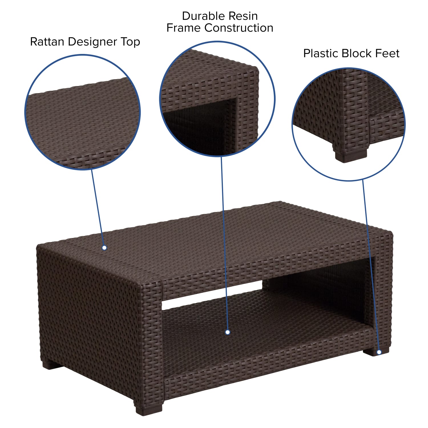 Flash Furniture Seneca Faux Rattan Outdoor Furniture Coffee Table, 15inH x 36-1/2inW x 22inD, Chocolate Brown - Image 5