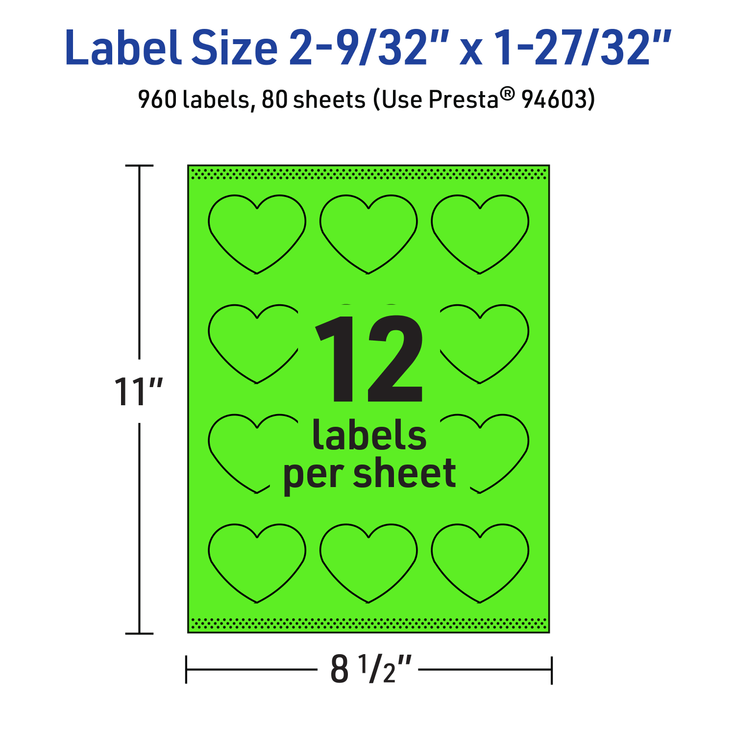 Avery Print-To-The-Edge Labels With Sure Feed Technology, 94603-NGP80, Heart, 2-9/32in x 1-27/32in, Matte Neon Green, Pack of 960 - Image 6